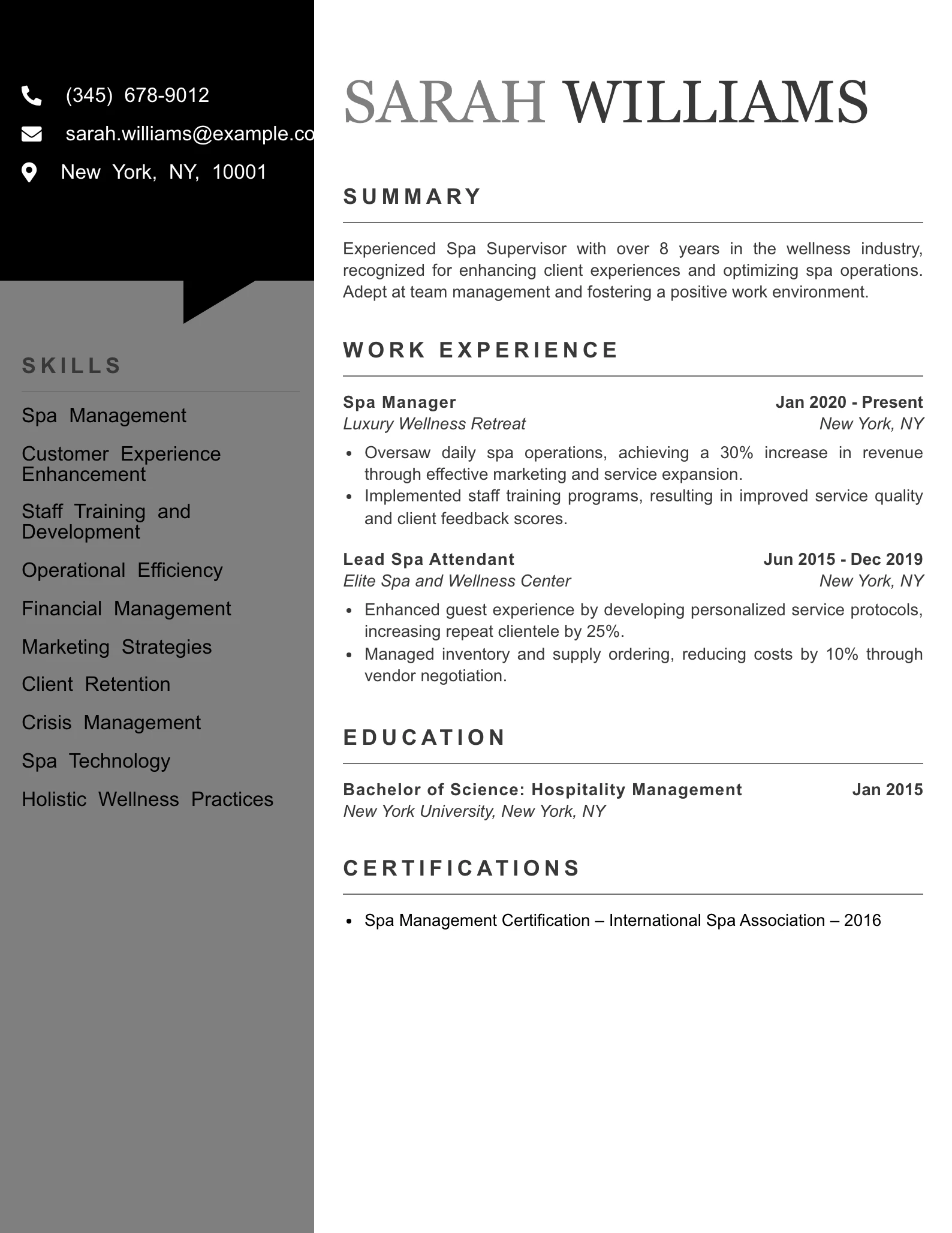 Senior Level Spa Attendant Resume Example