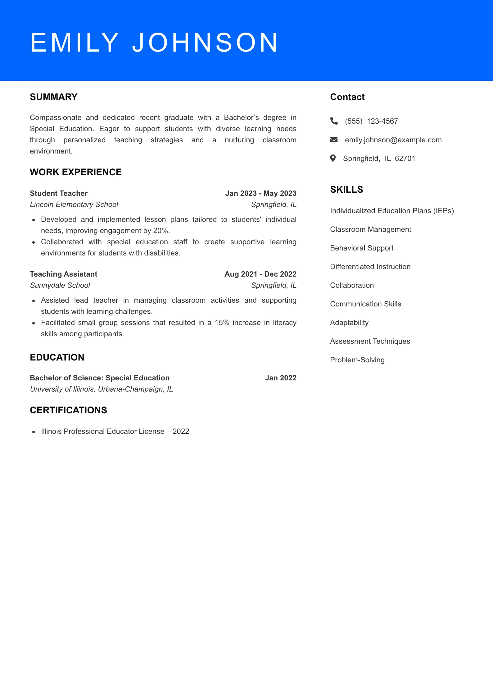 Selected Special Education Teacher Resume