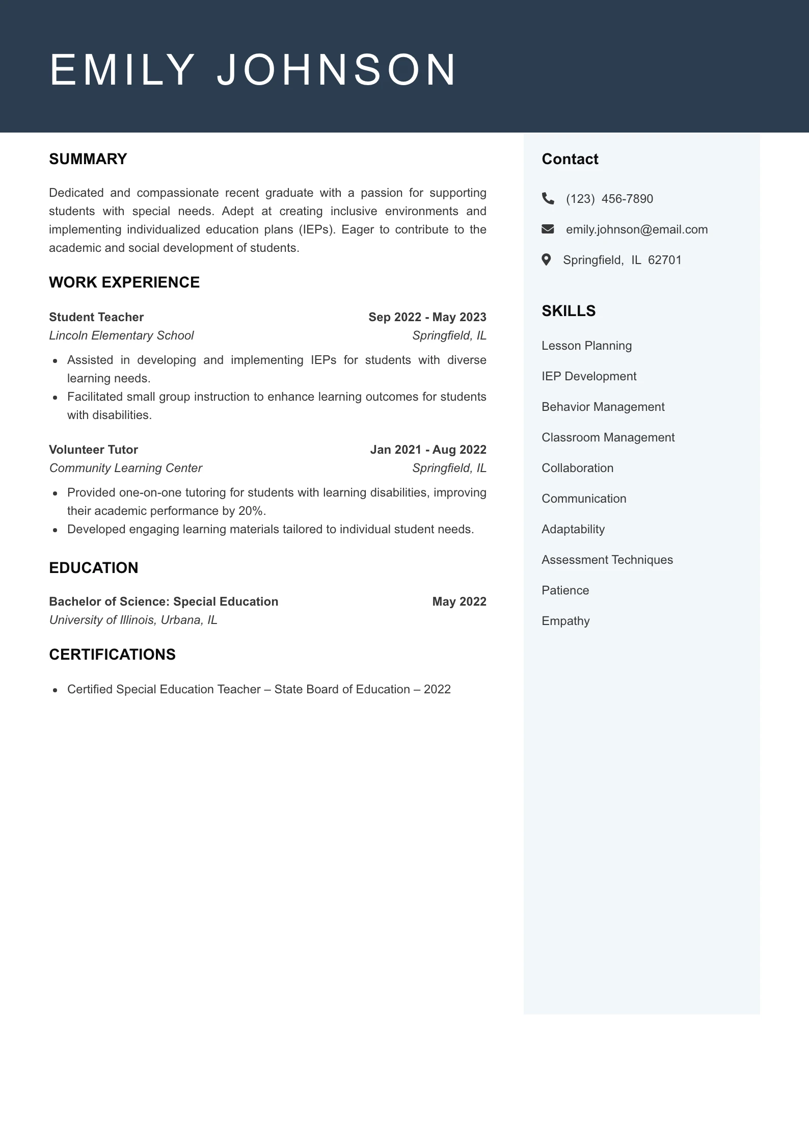 Entry Level Special Education Teacher Resume Example