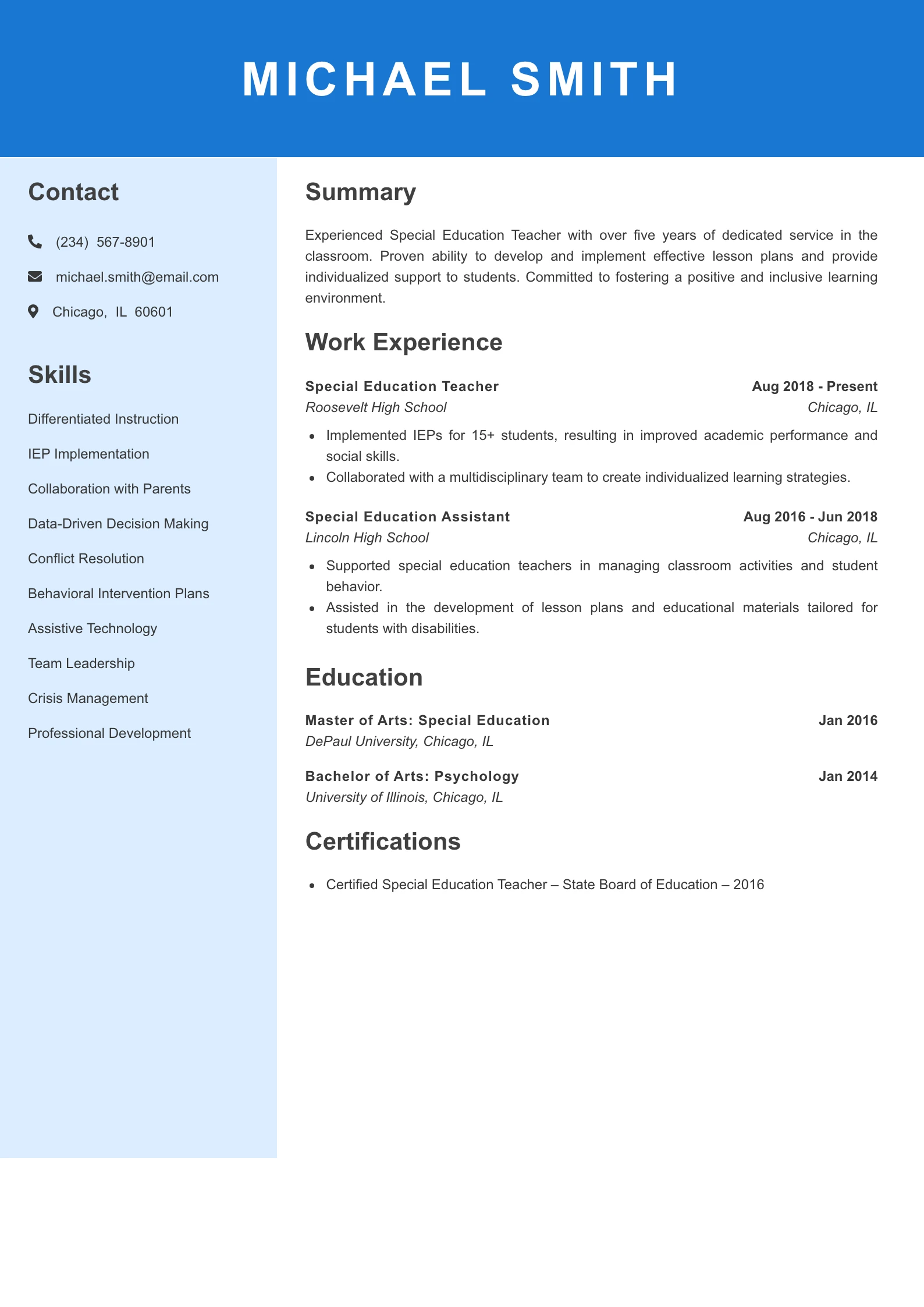Mid Level Special Education Teacher Resume Example