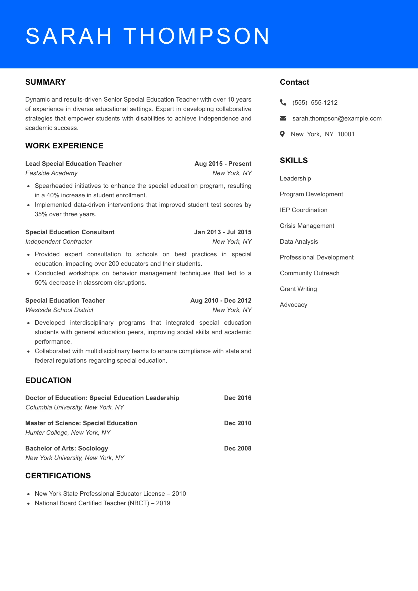 Senior Level Special Education Teacher Resume Sample