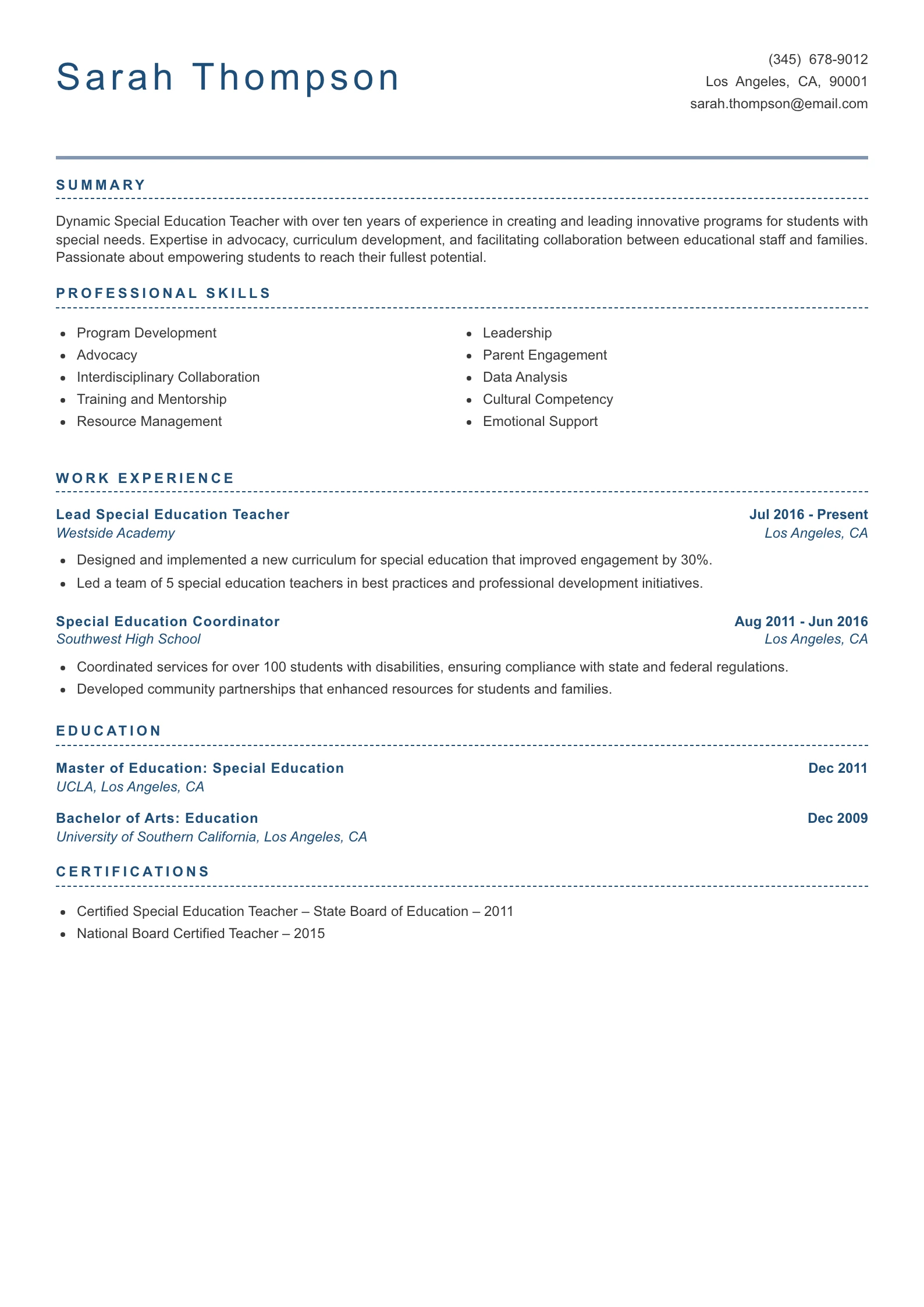Senior Level Special Education Teacher Resume Example