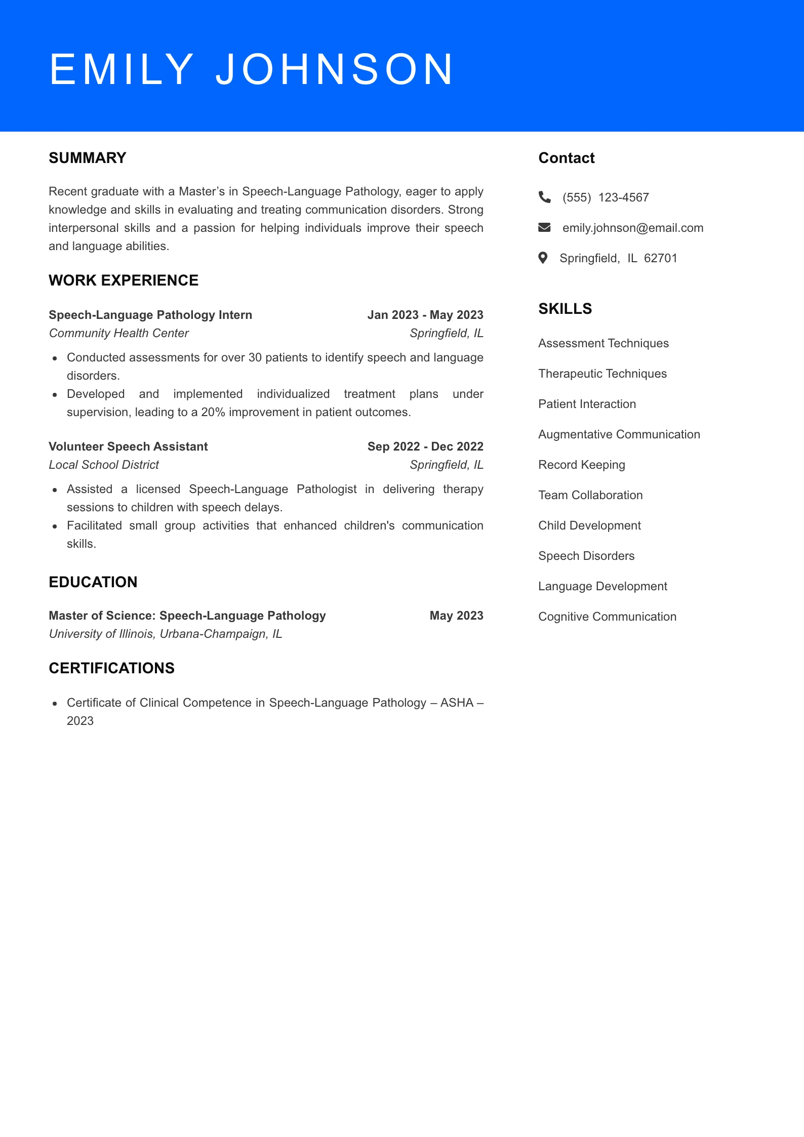 Selected Speech-Language Pathologist Resume