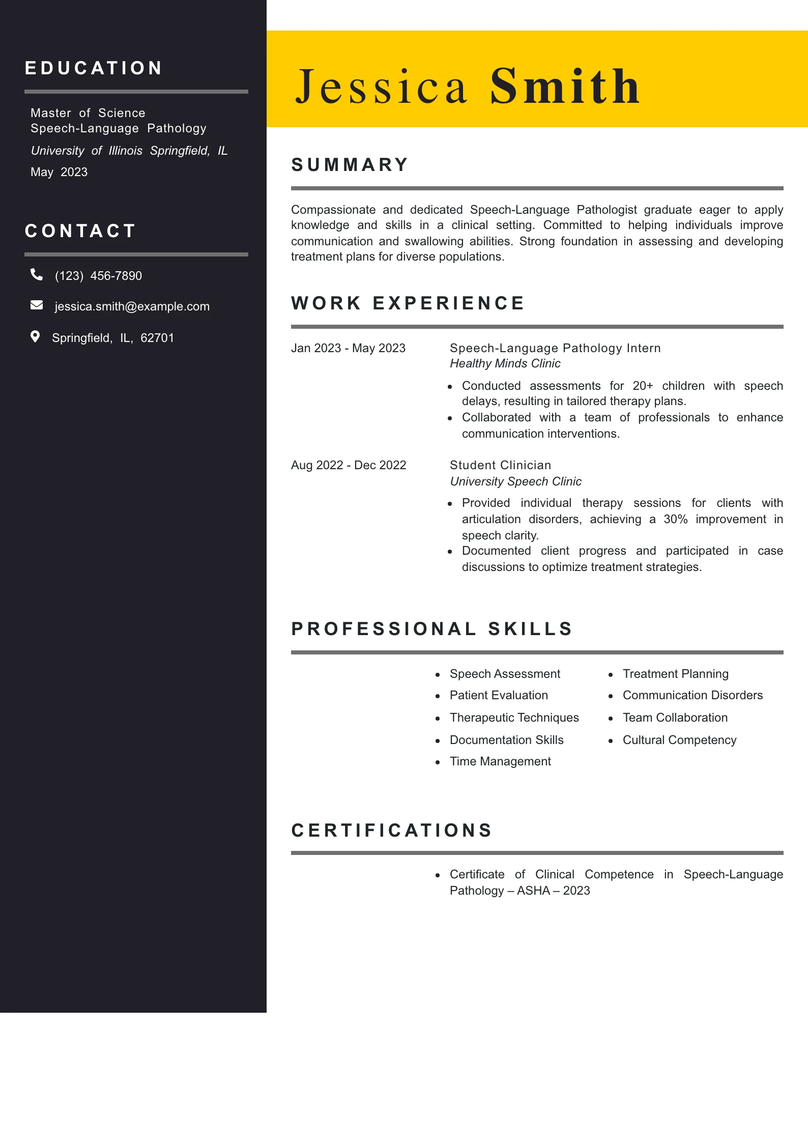 Entry Level Speech-Language Pathologist Resume Example