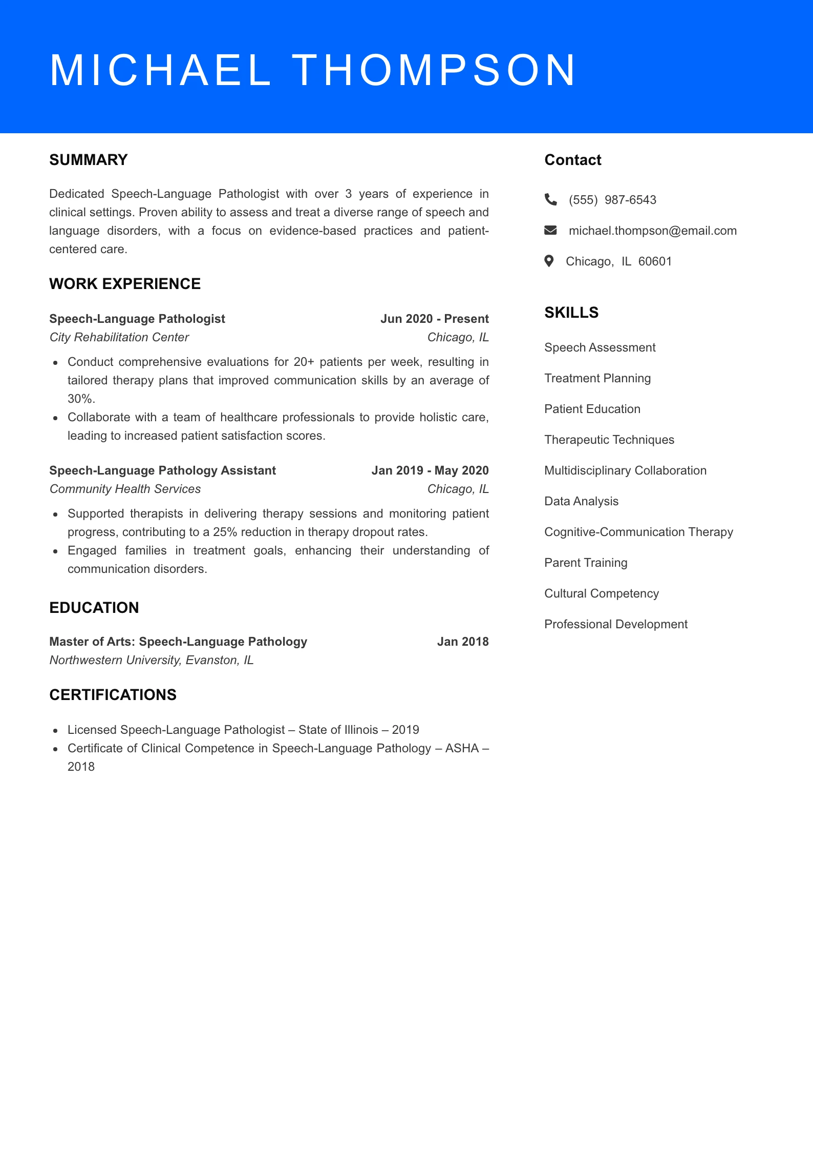 Mid Level Speech-Language Pathologist Resume Sample