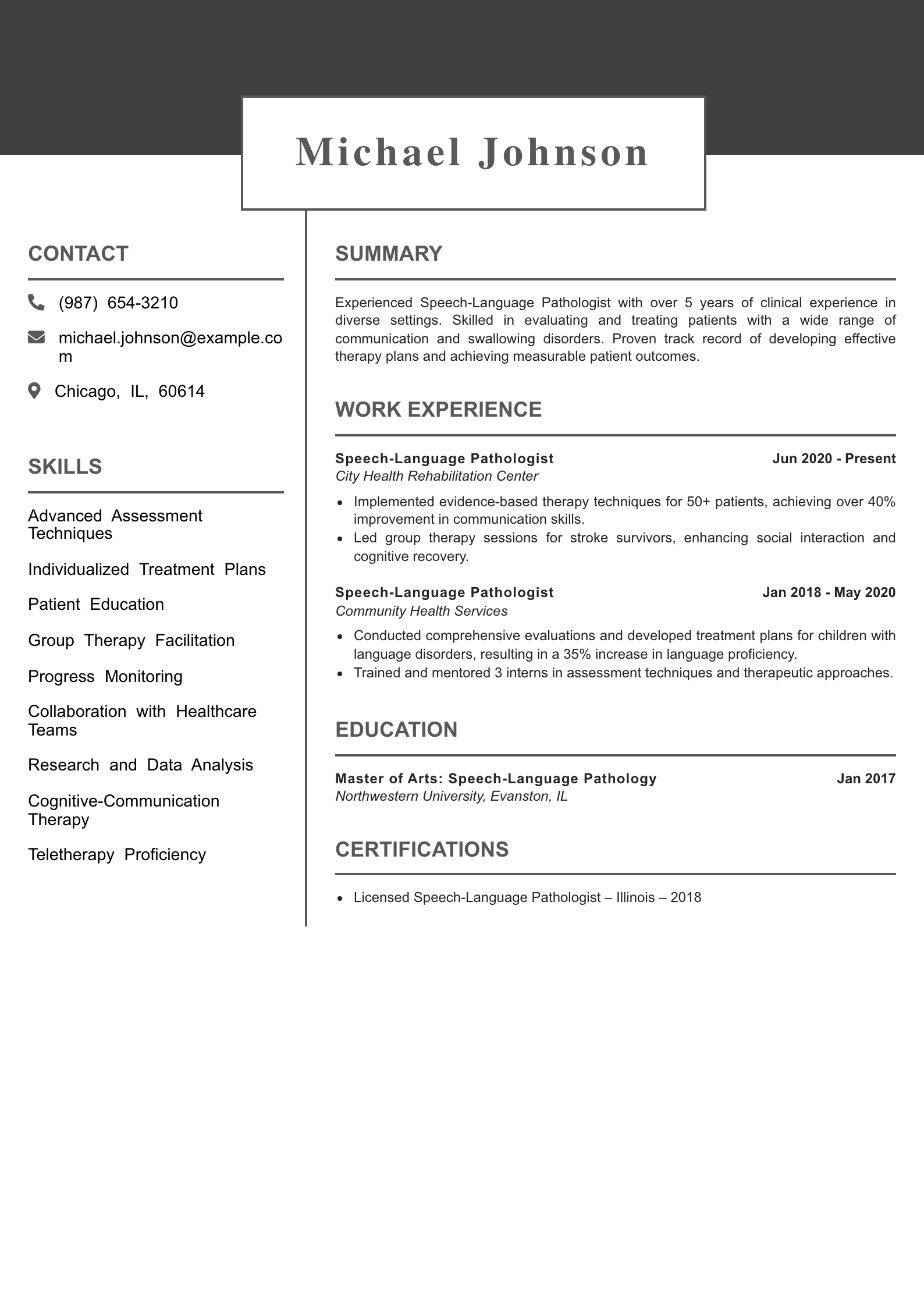 Mid Level Speech-Language Pathologist Resume Example