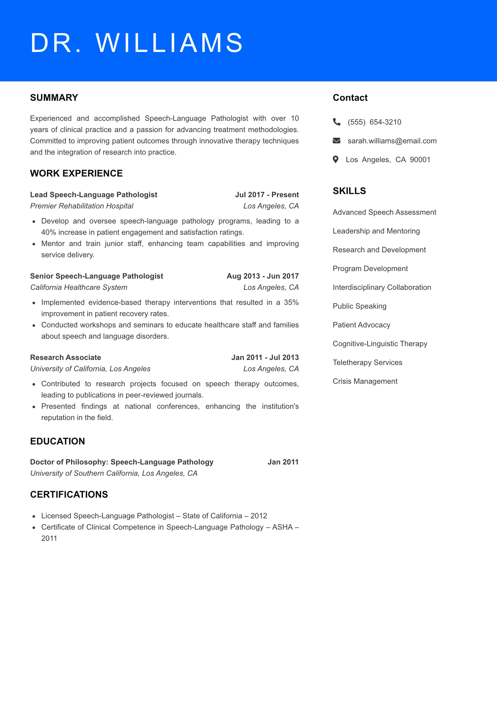 Senior Level Speech-Language Pathologist Resume Sample