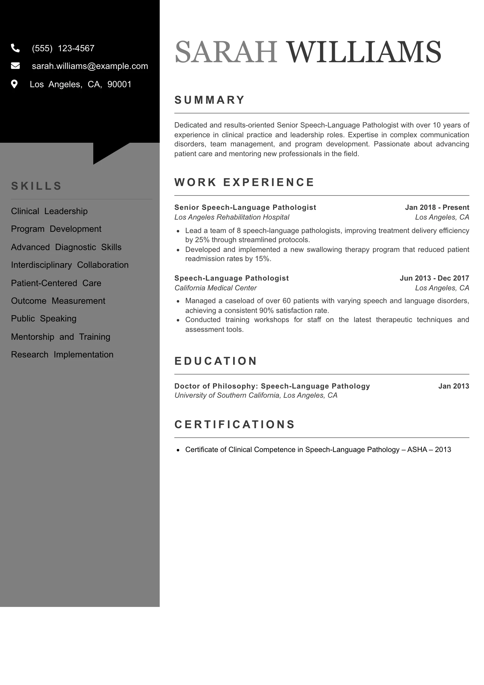 Senior Level Speech-Language Pathologist Resume Example