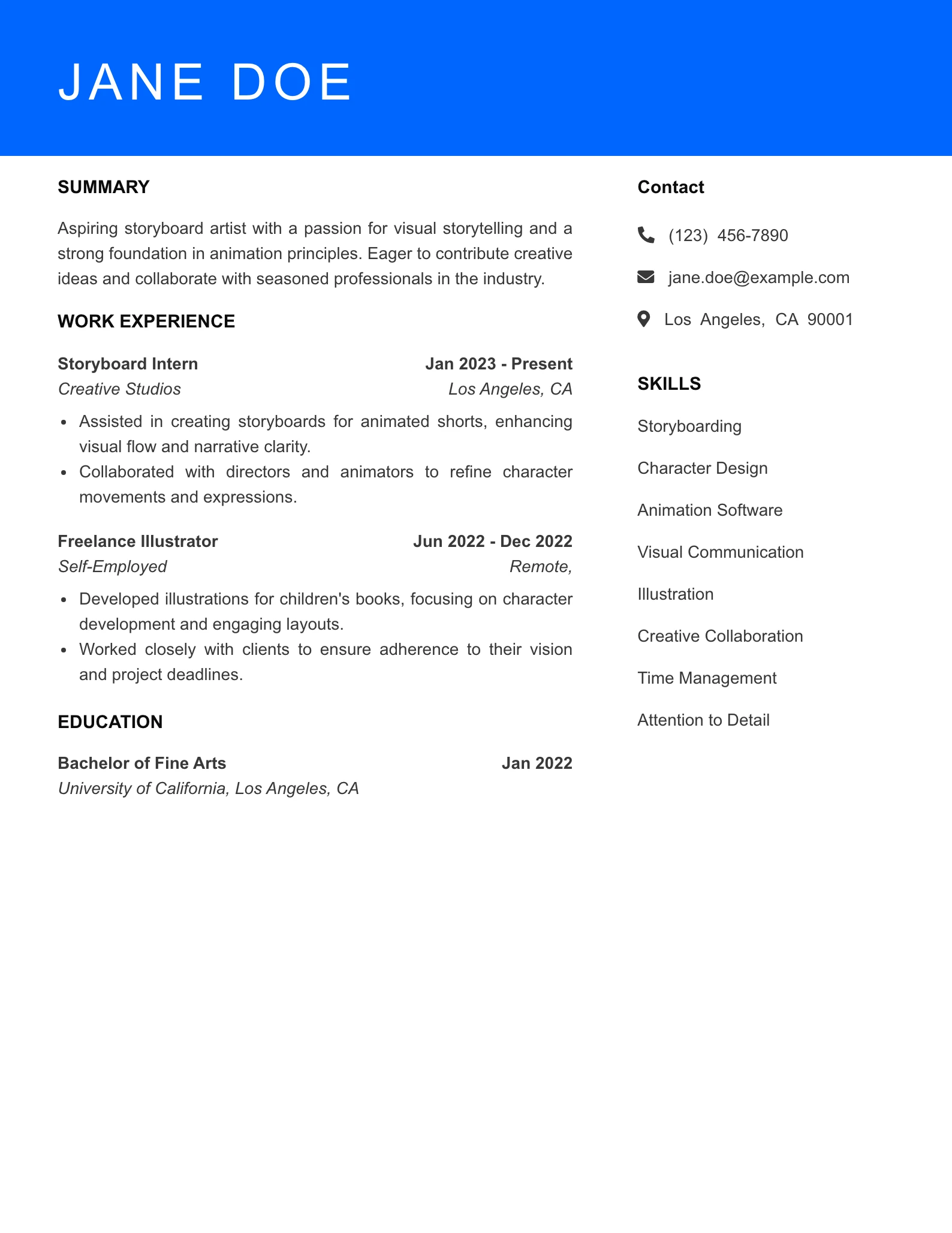 Selected Storyboard Artist Resume