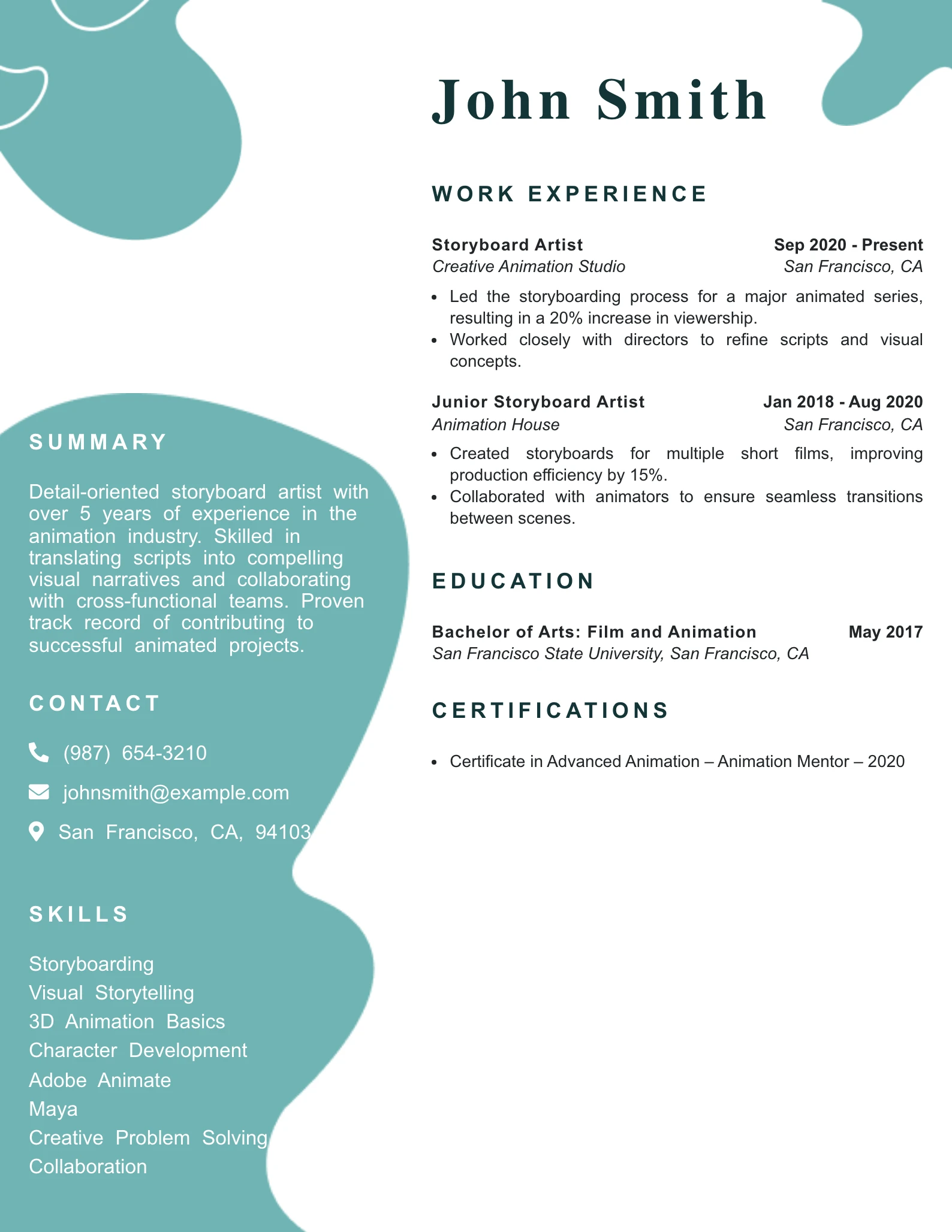 Mid Level Storyboard Artist Resume Example