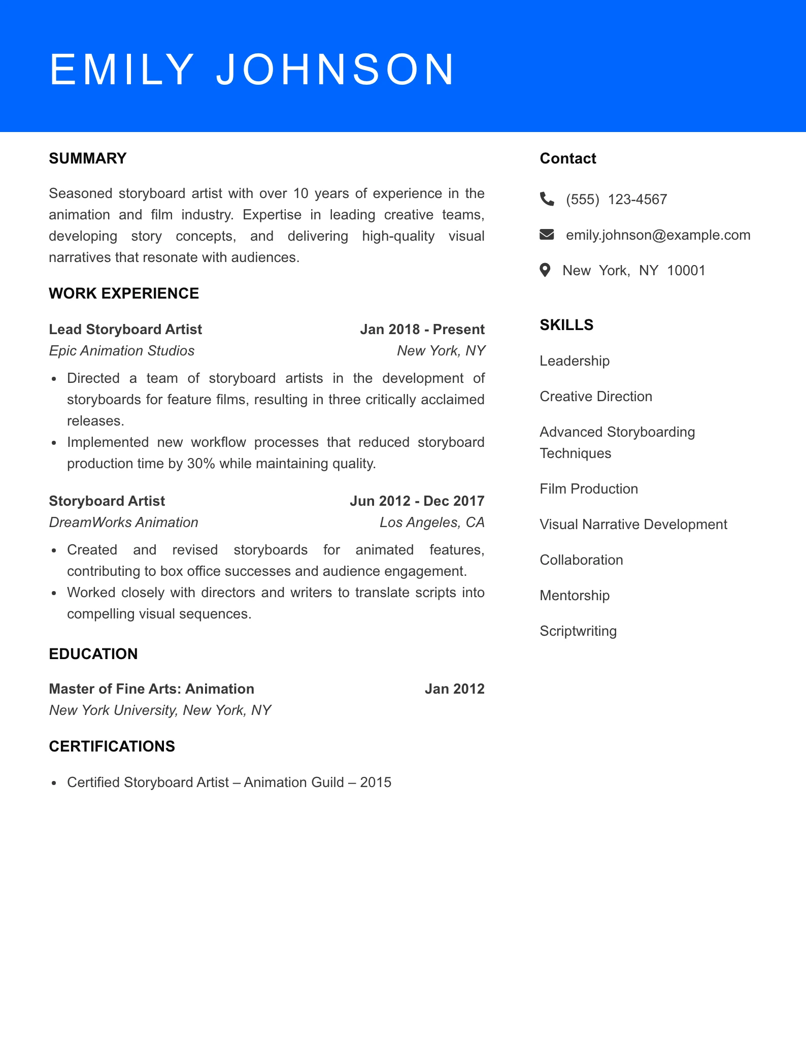 Senior Level Storyboard Artist Resume Sample