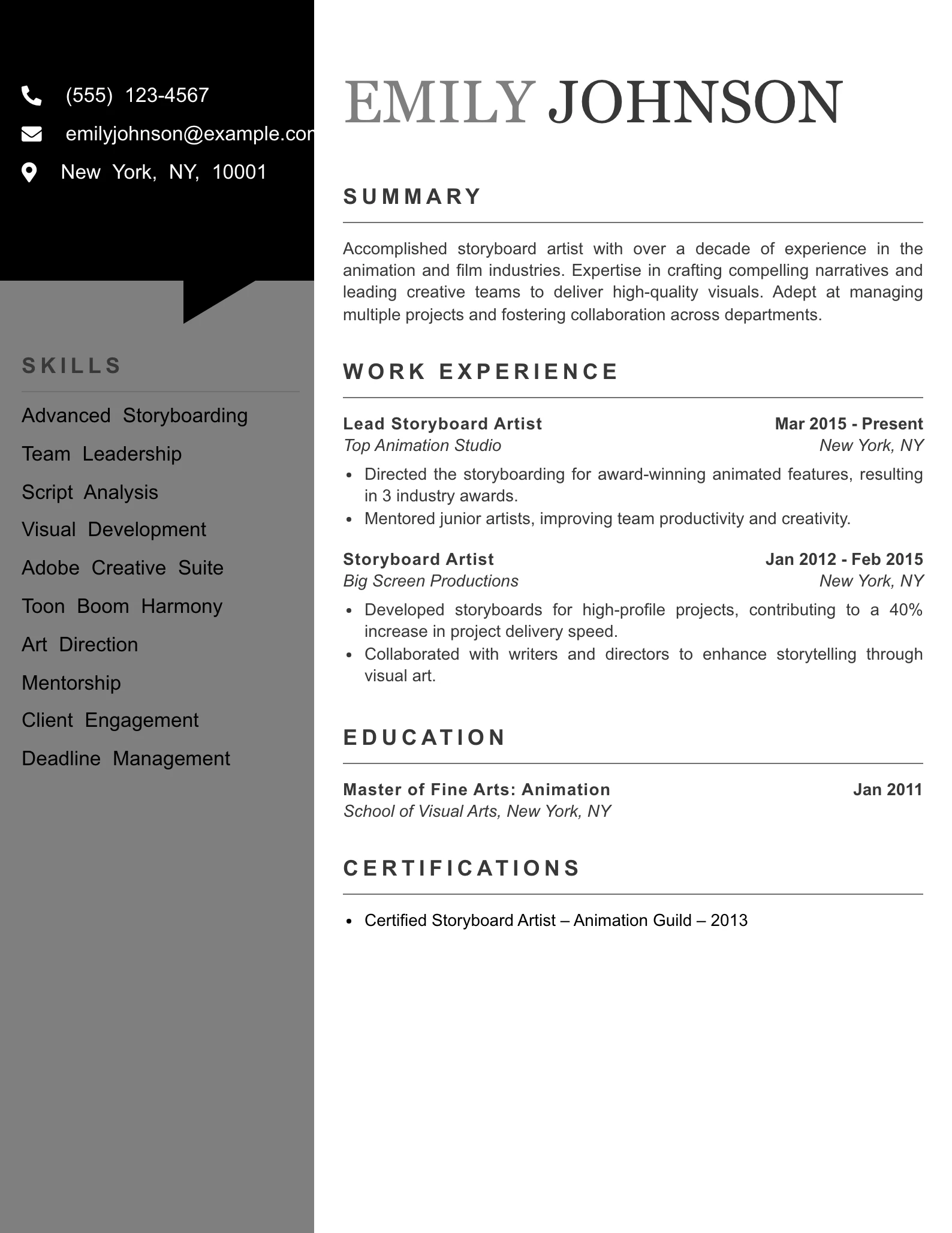 Senior Level Storyboard Artist Resume Example