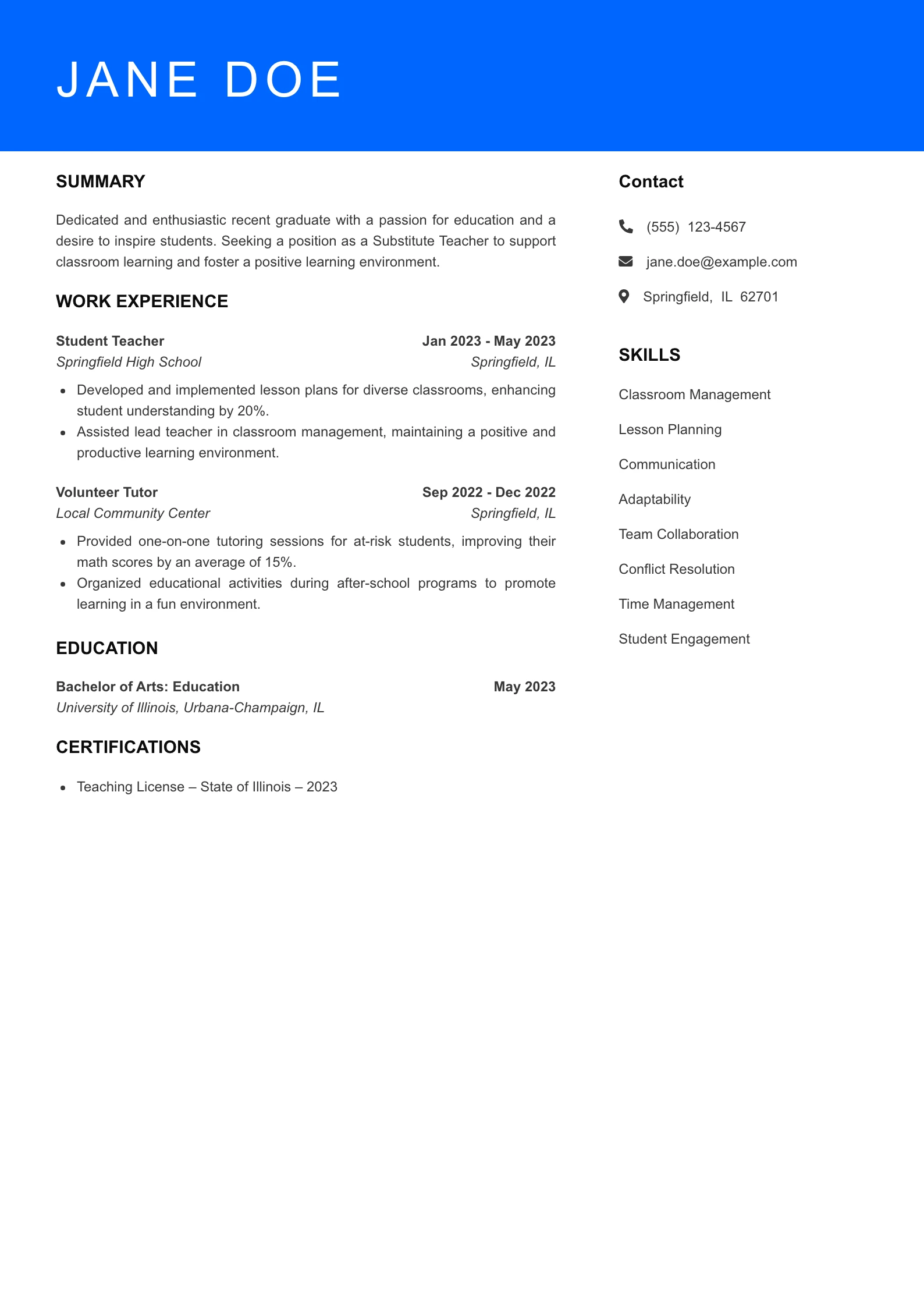 Selected Substitute Teacher Resume