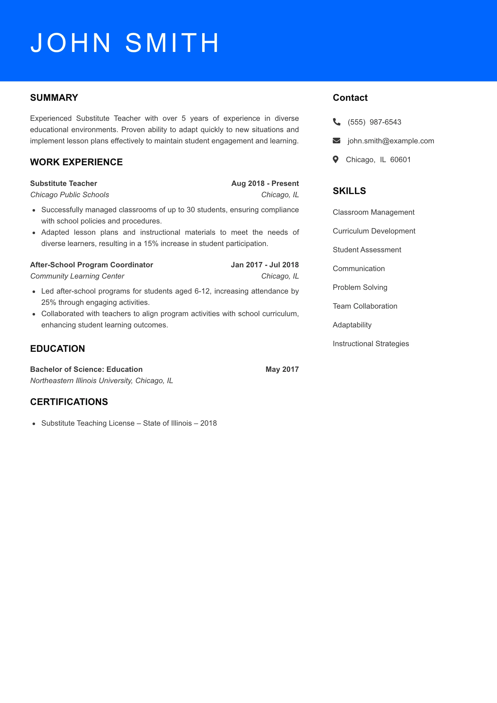 Mid Level Substitute Teacher Resume Sample