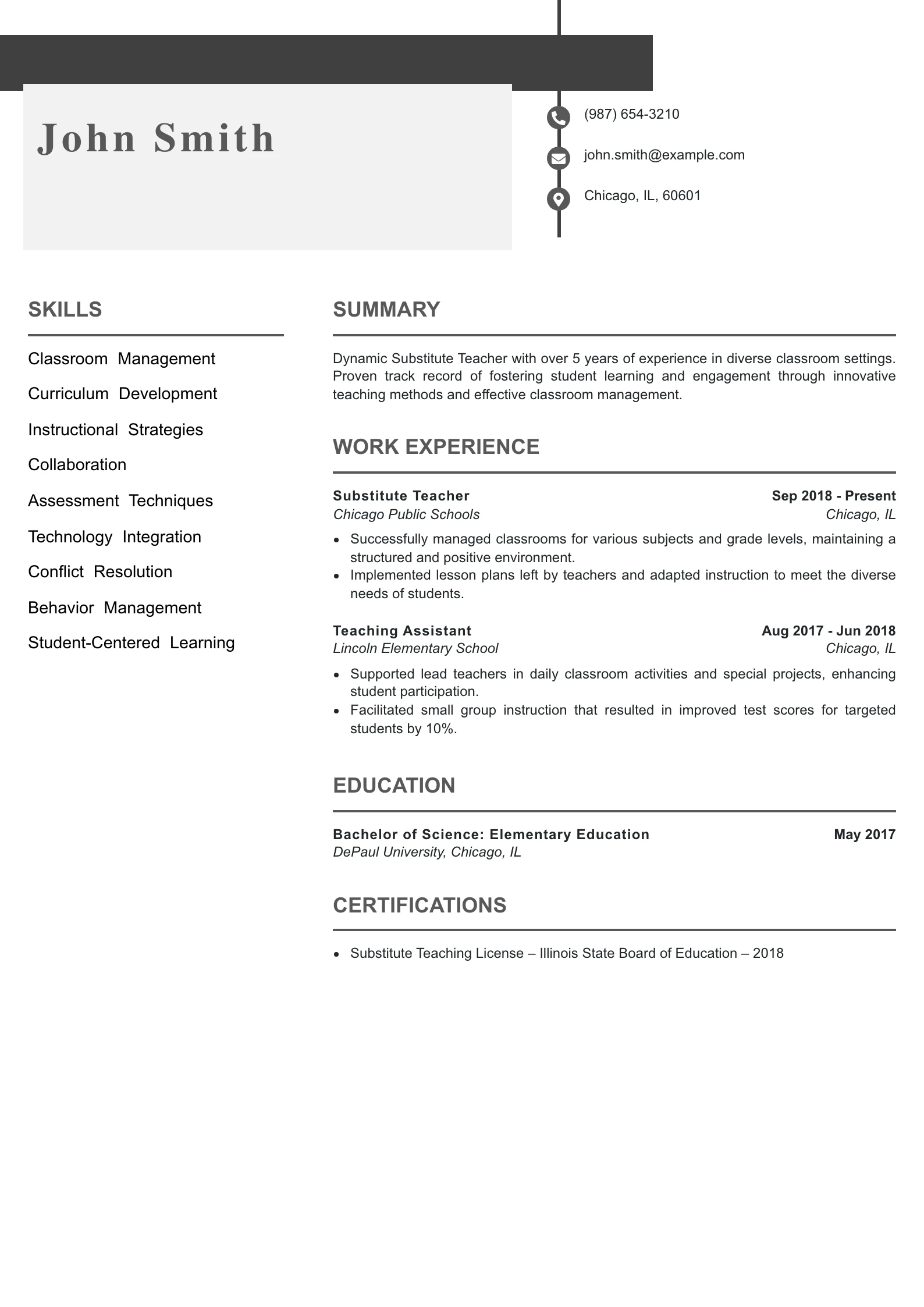 Mid Level Substitute Teacher Resume Example