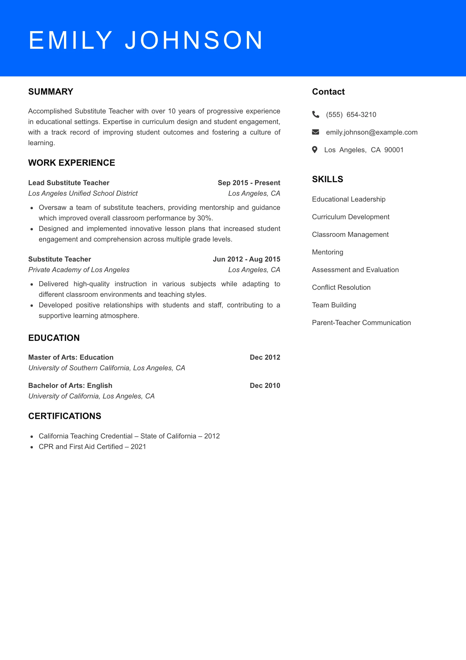 Senior Level Substitute Teacher Resume Sample