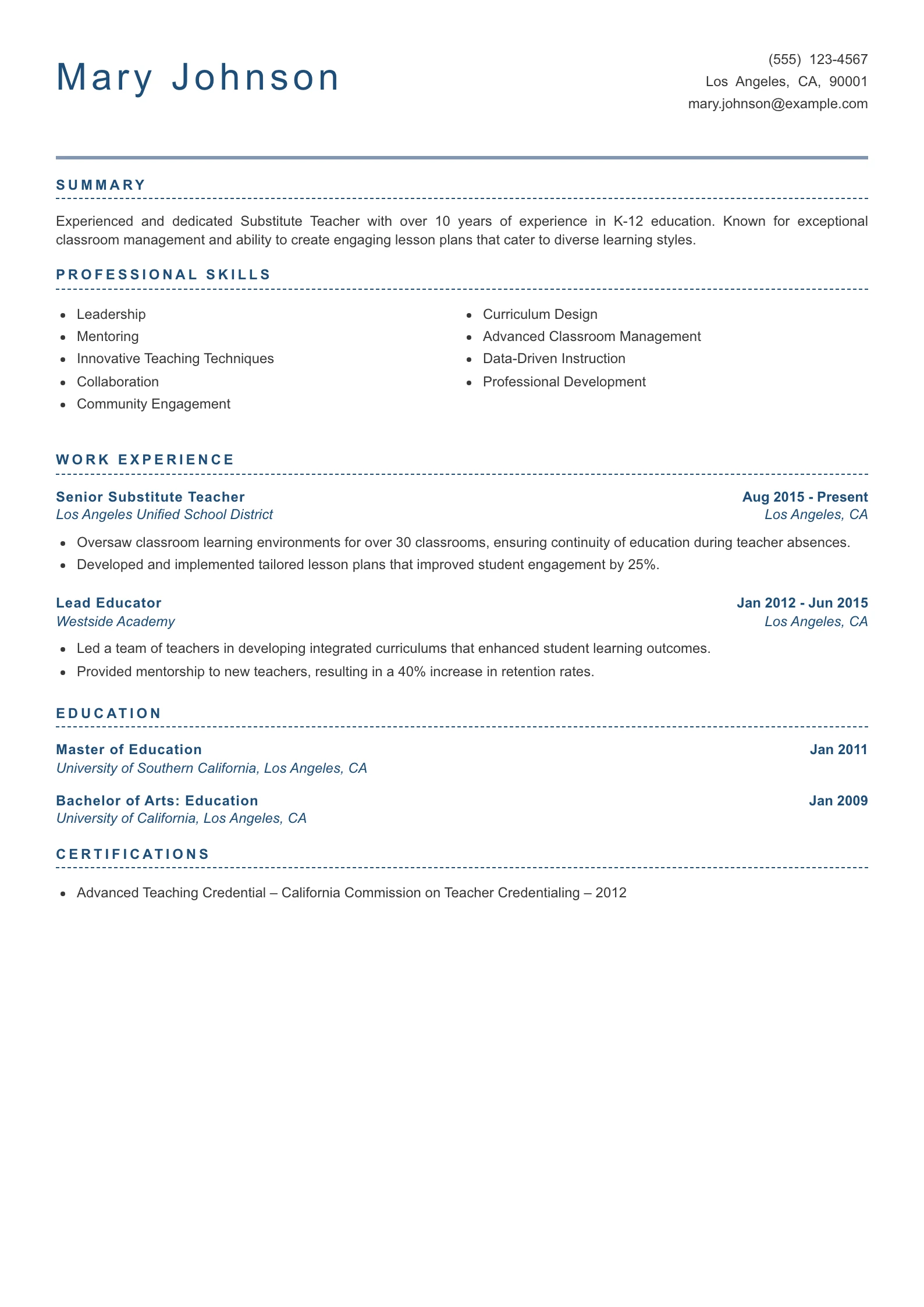 Senior Level Substitute Teacher Resume Example