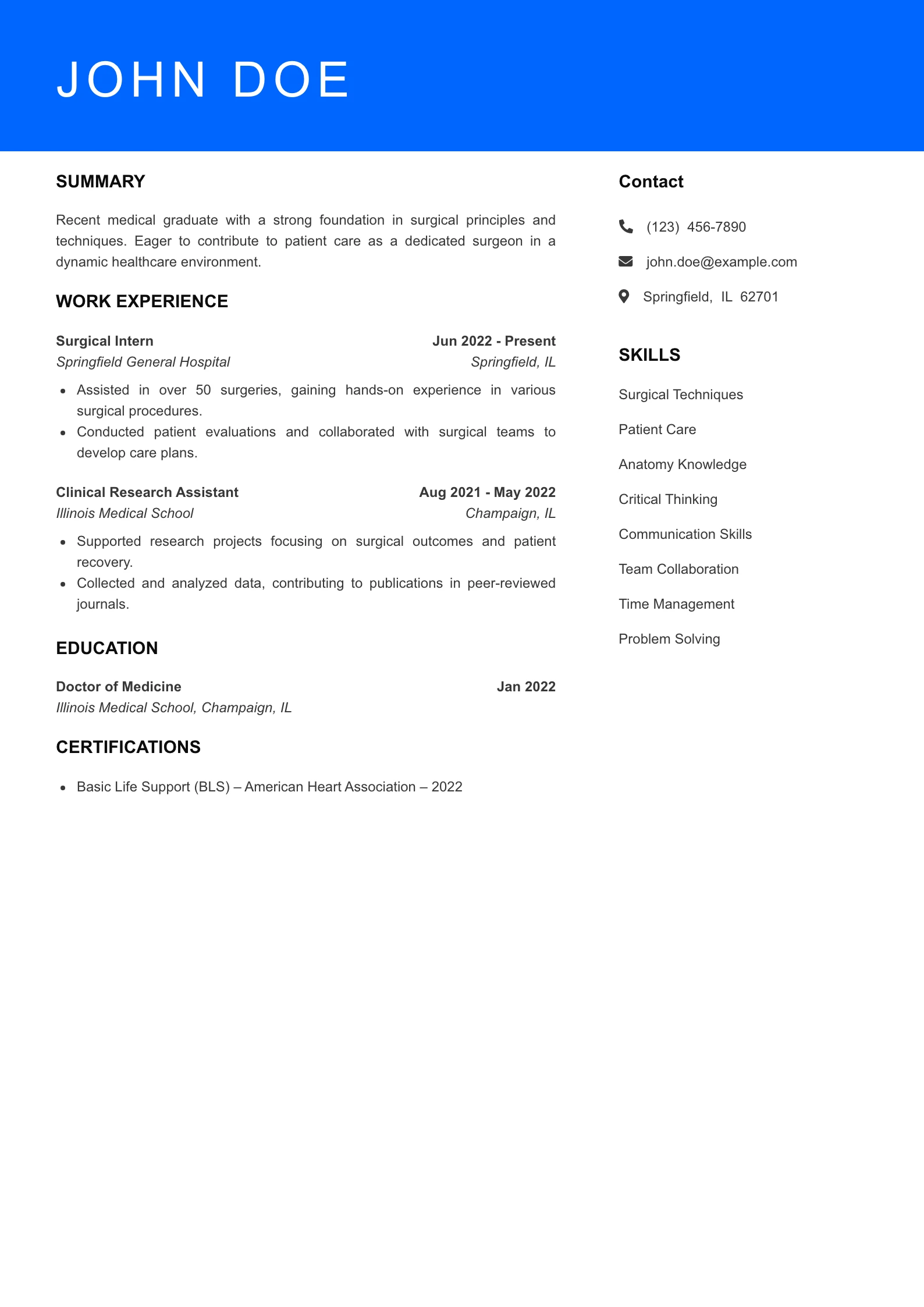 Selected Surgeon Resume
