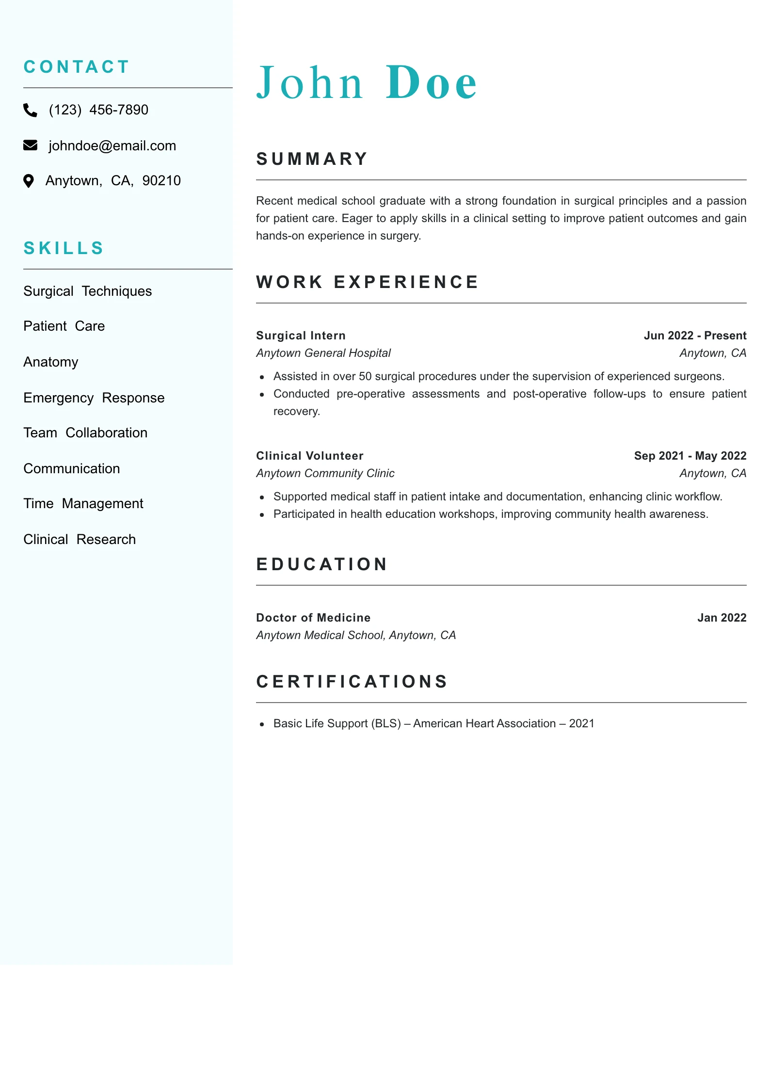 Entry Level Surgeon Resume Example