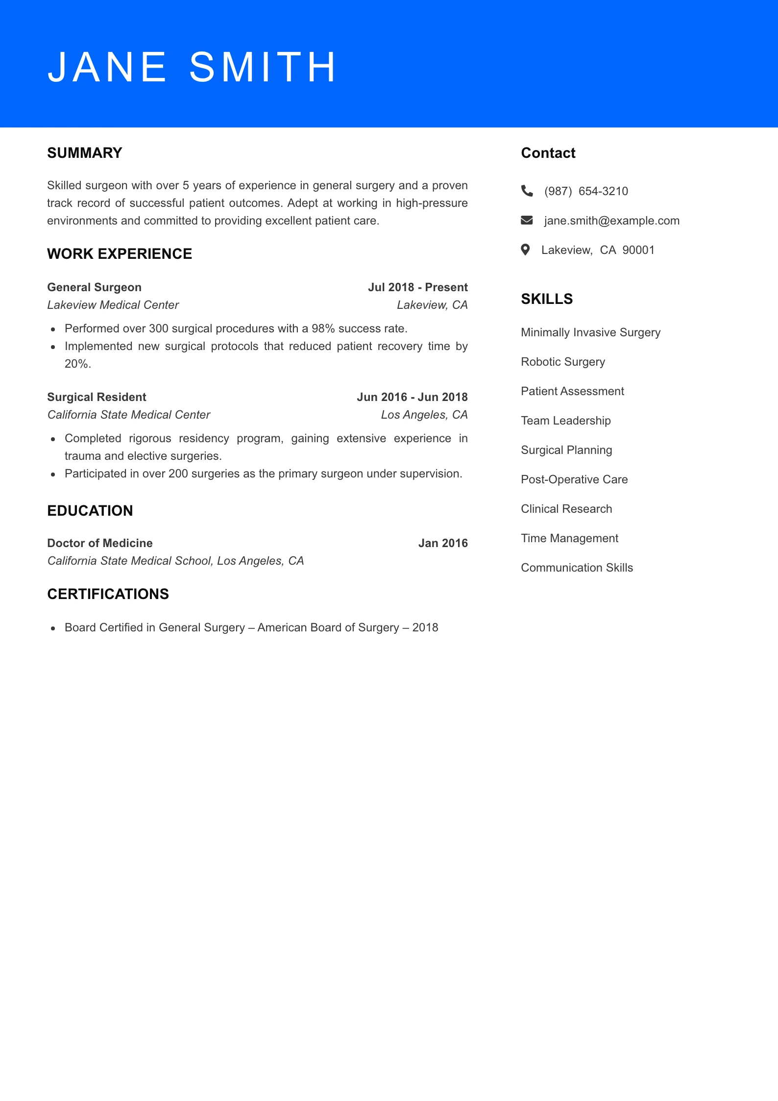 Mid Level Surgeon Resume Sample