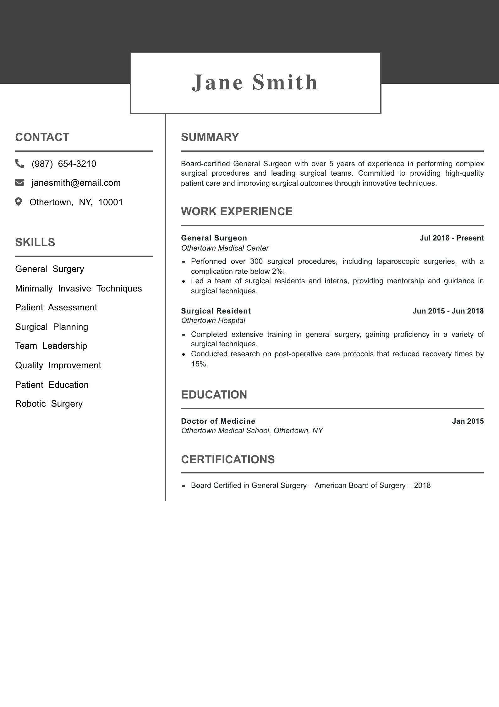 Mid Level Surgeon Resume Example