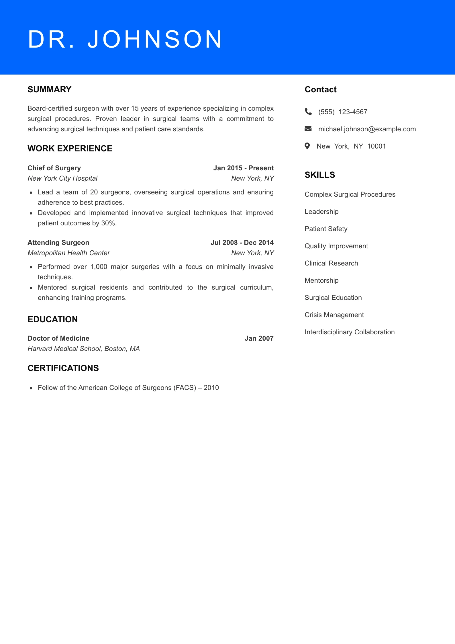 Senior Level Surgeon Resume Sample