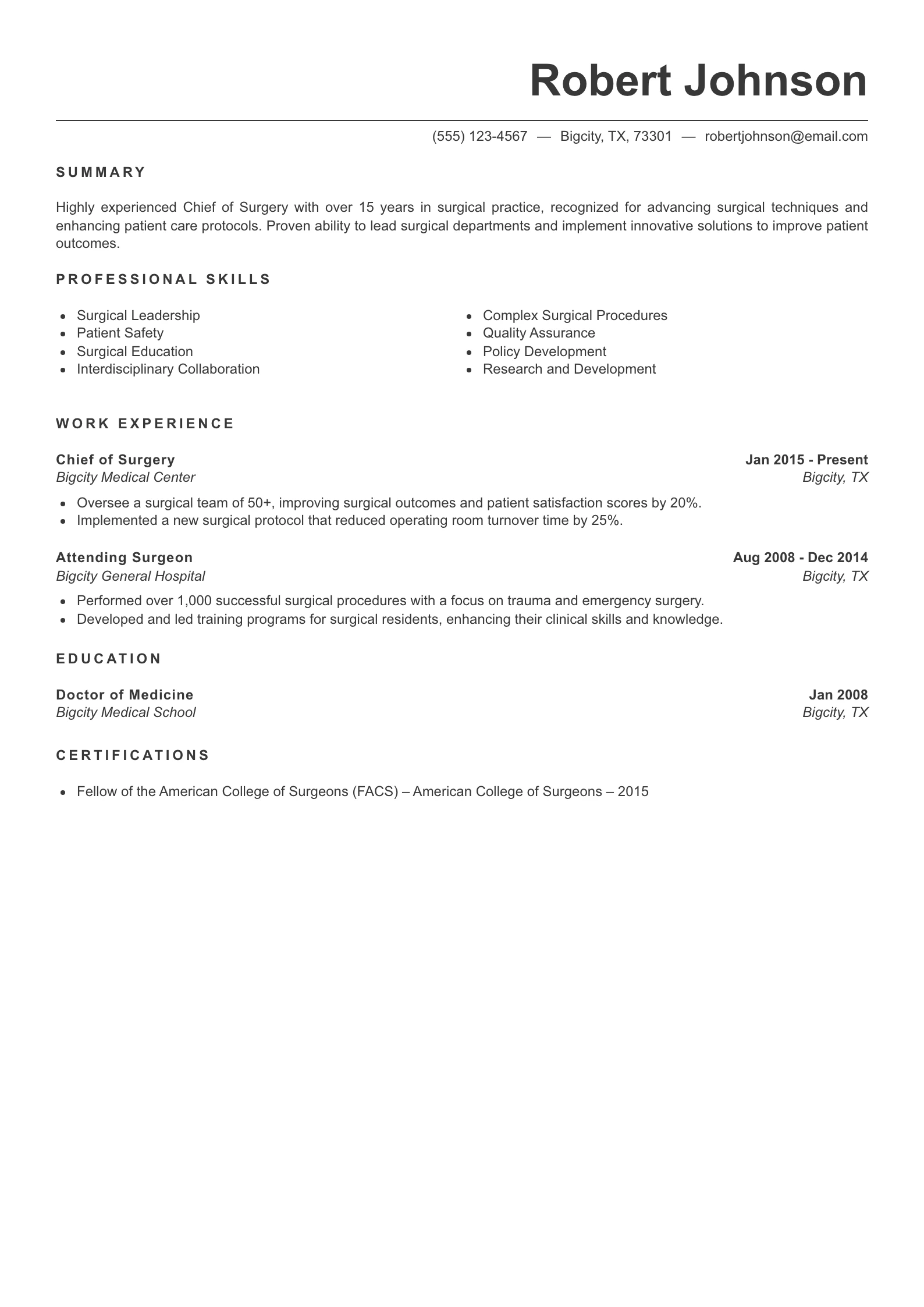 Senior Level Surgeon Resume Example