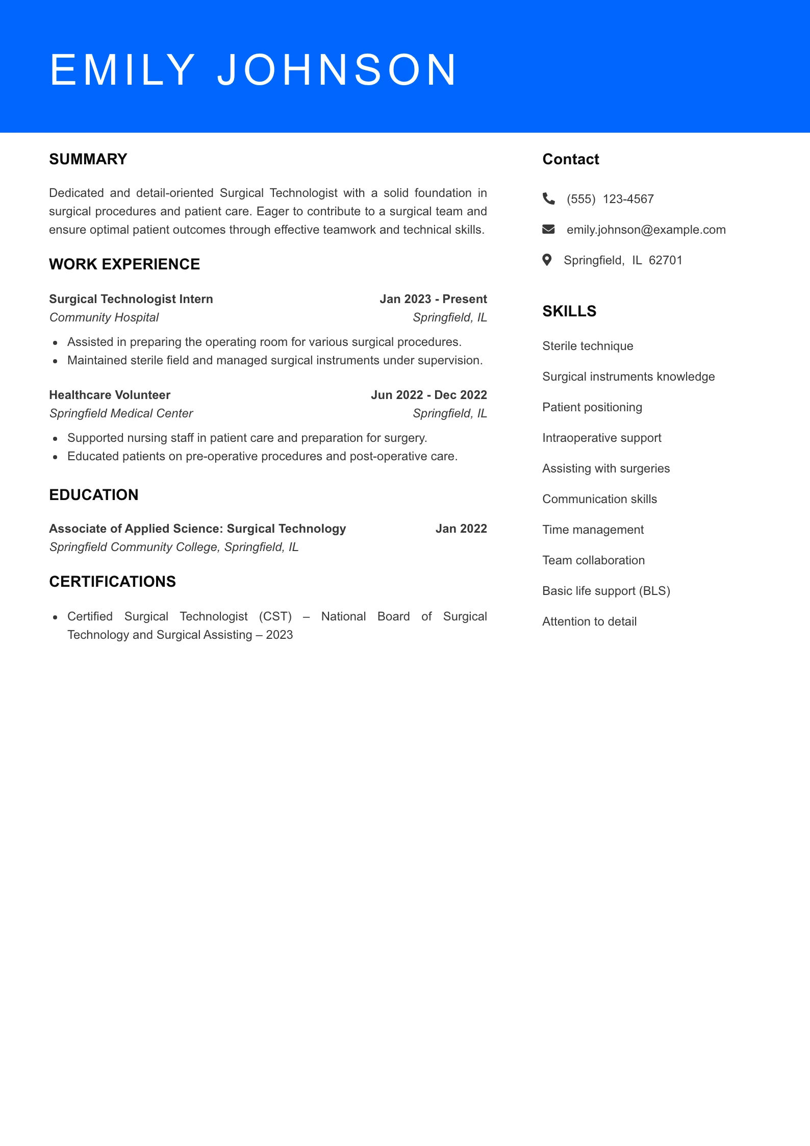 Selected Surgical Technologist Resume
