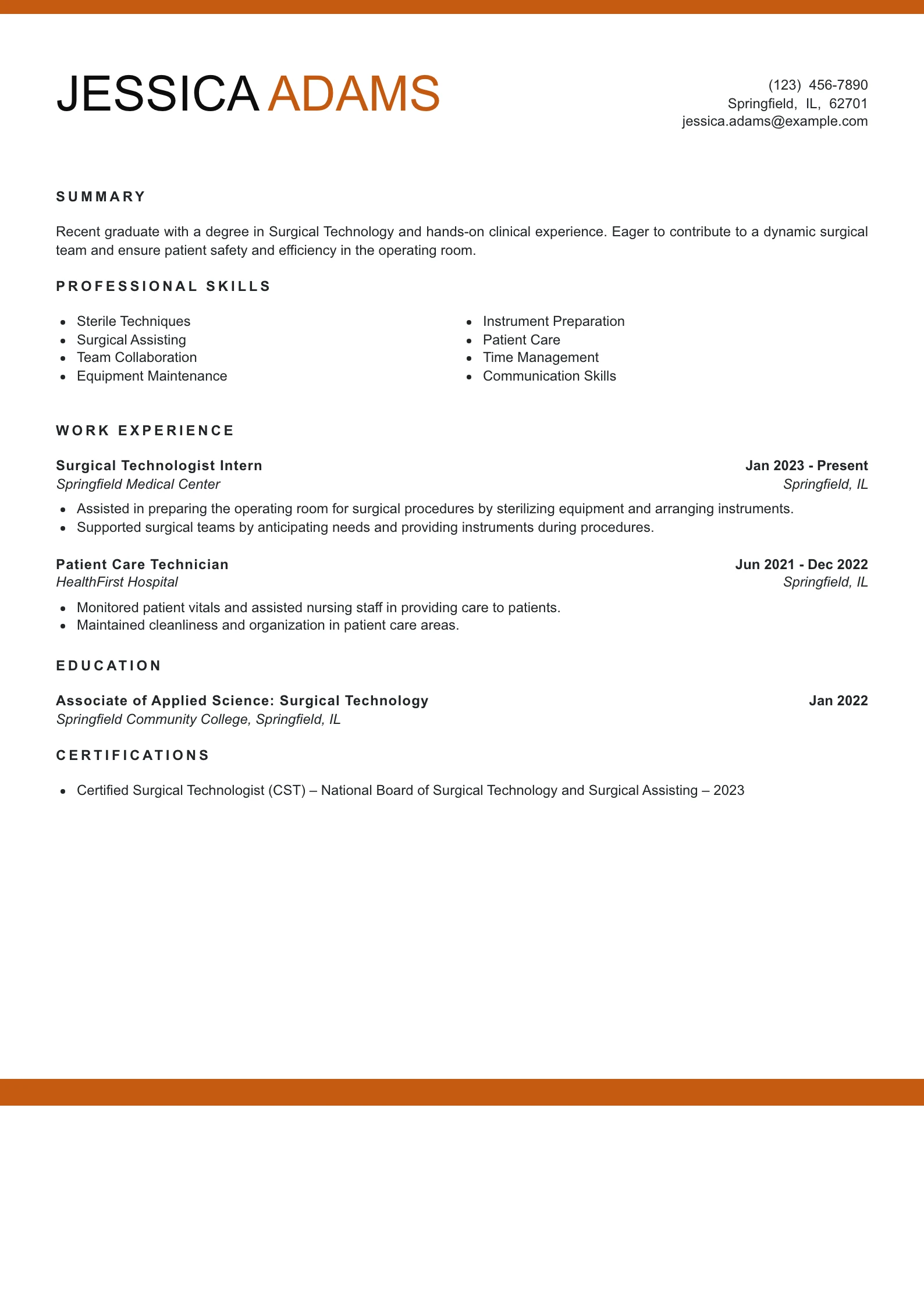 Entry Level Surgical Technologist Resume Example