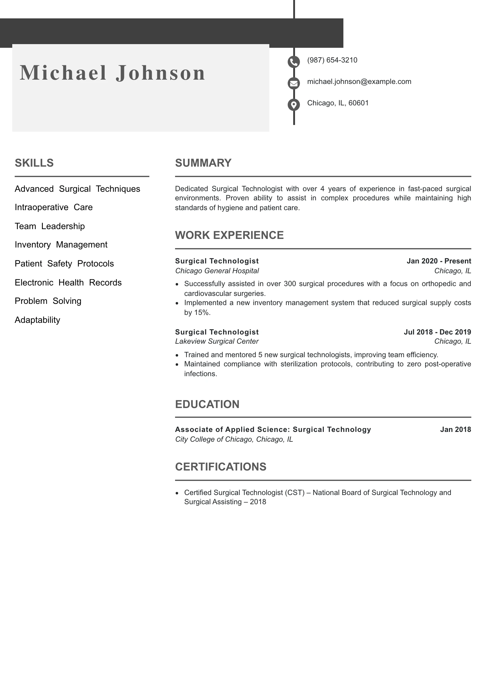 Mid Level Surgical Technologist Resume Example