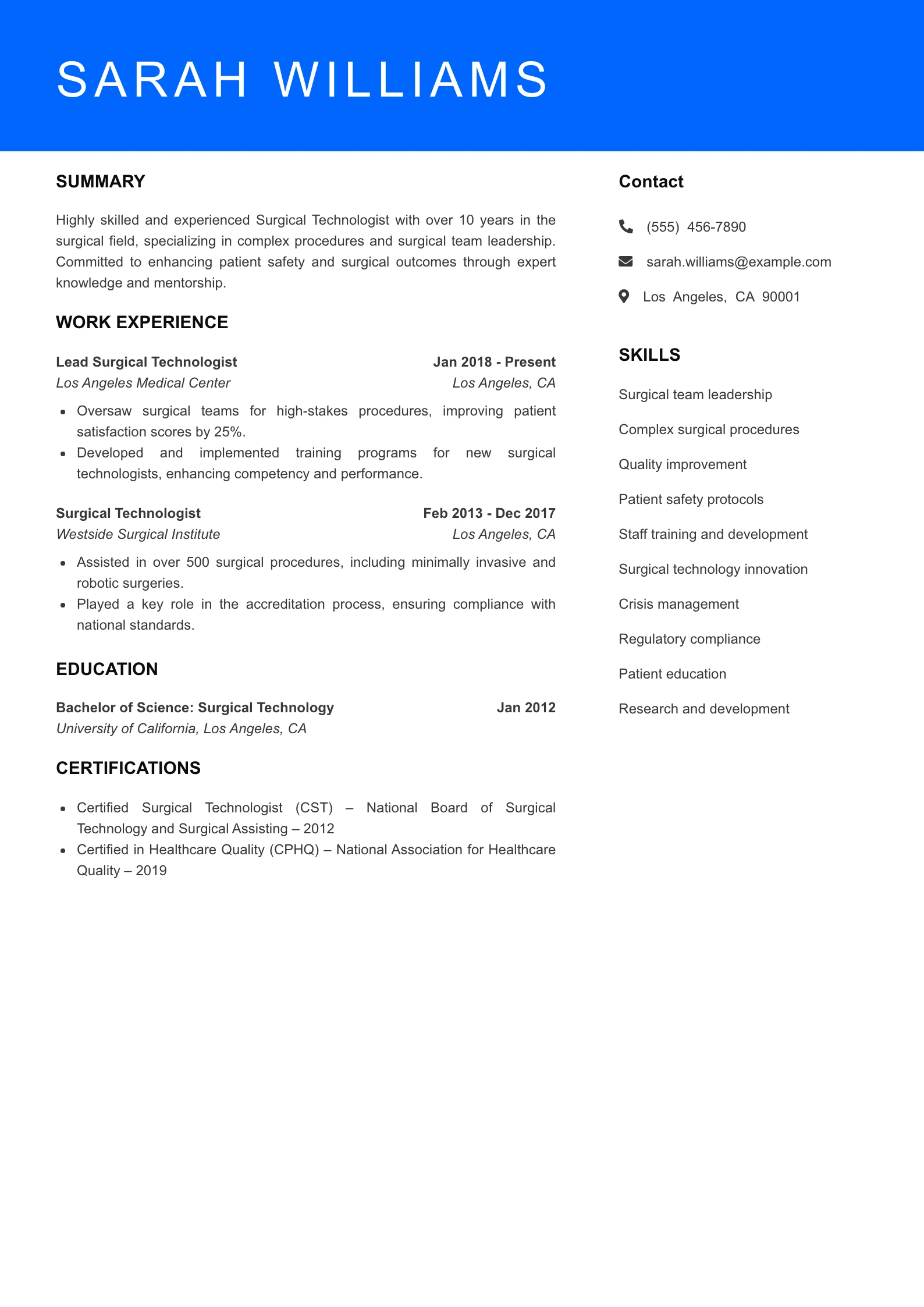Senior Level Surgical Technologist Resume Sample