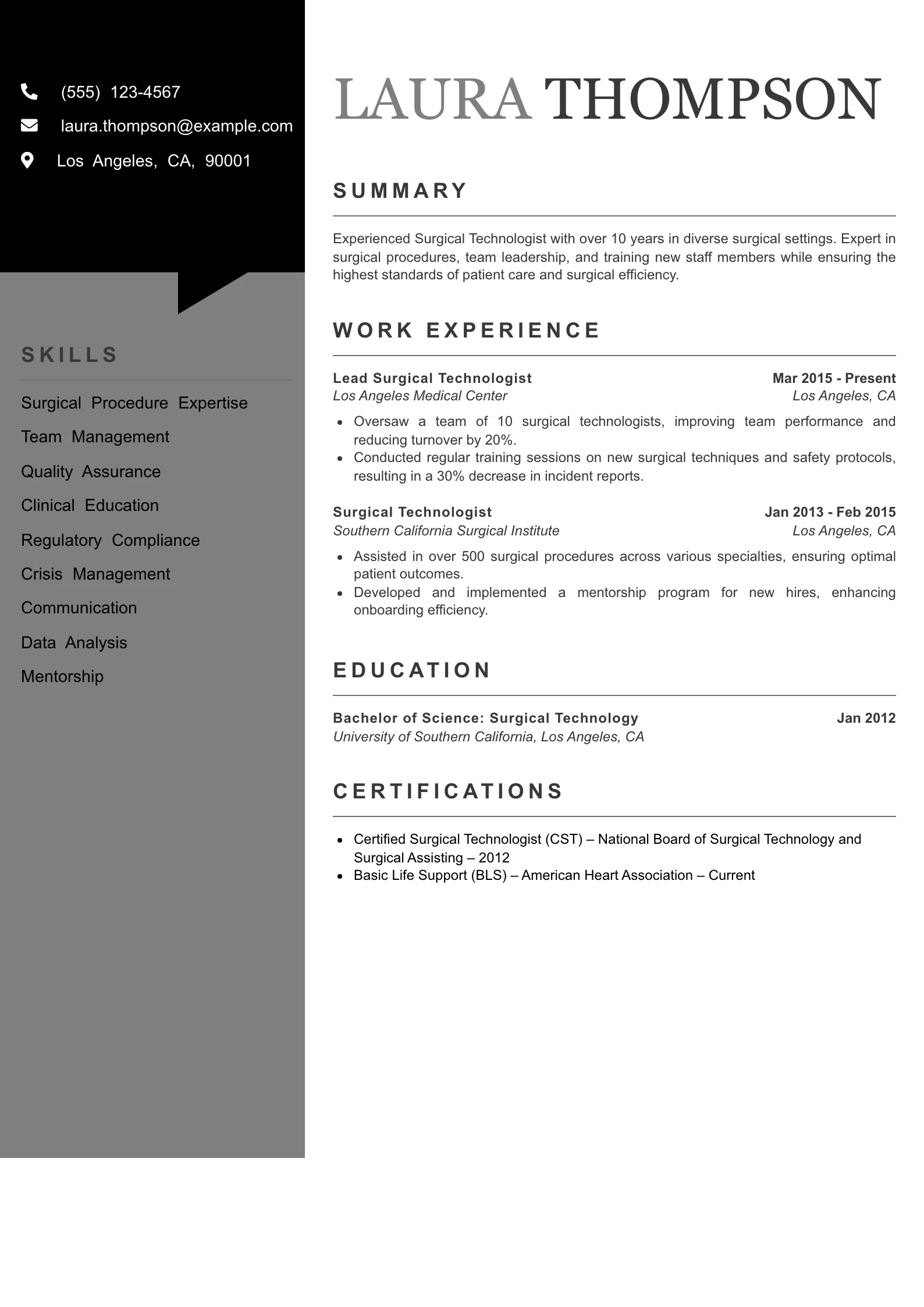 Senior Level Surgical Technologist Resume Example