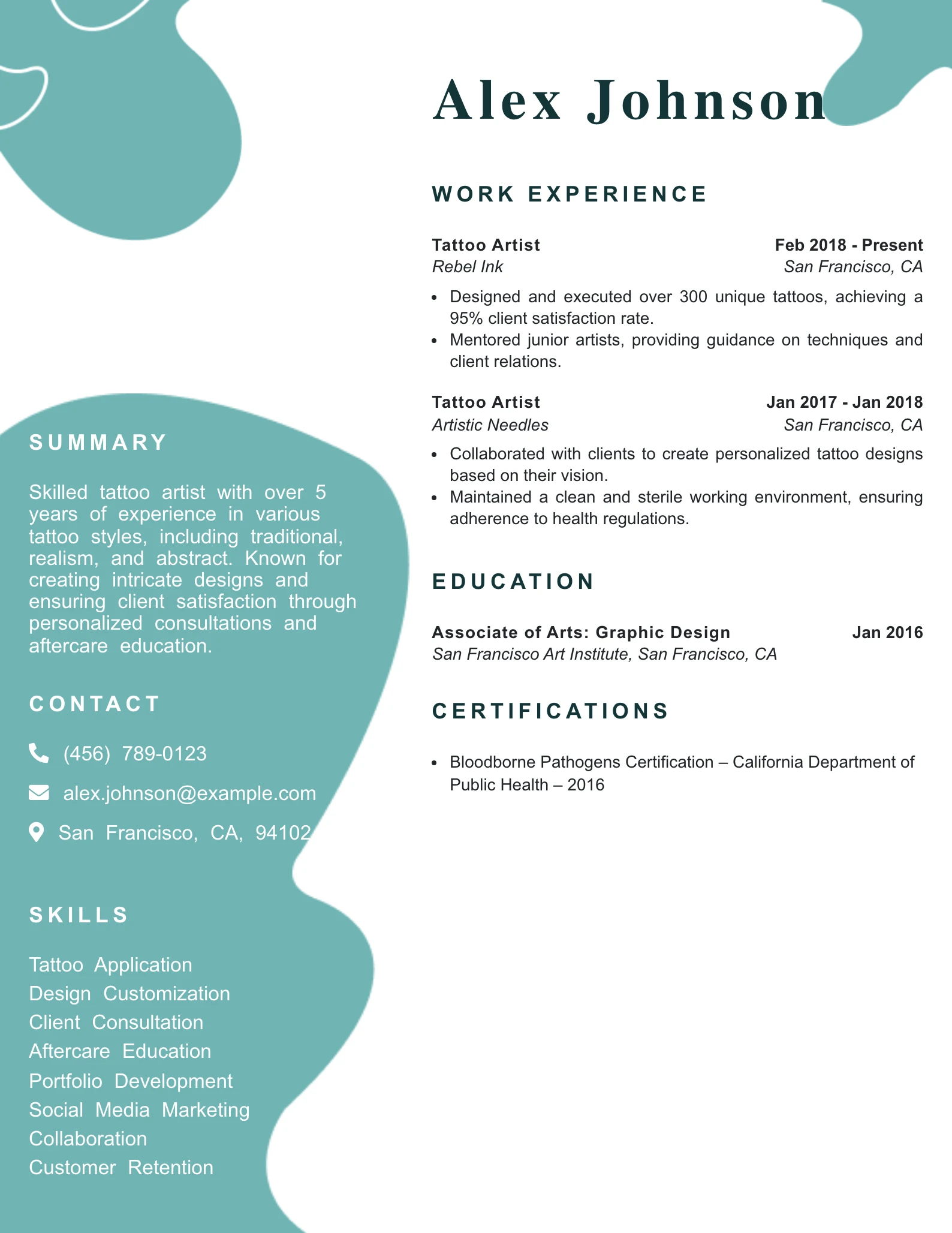 Mid Level Tattoo Artist Resume Example