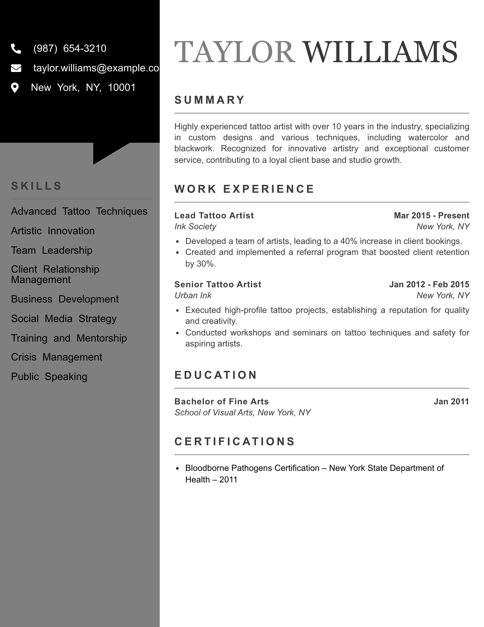Senior Level Tattoo Artist Resume Example