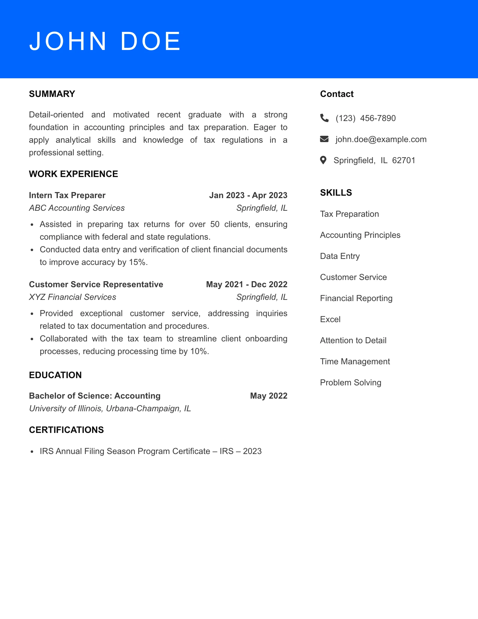 Selected Tax Preparer Resume