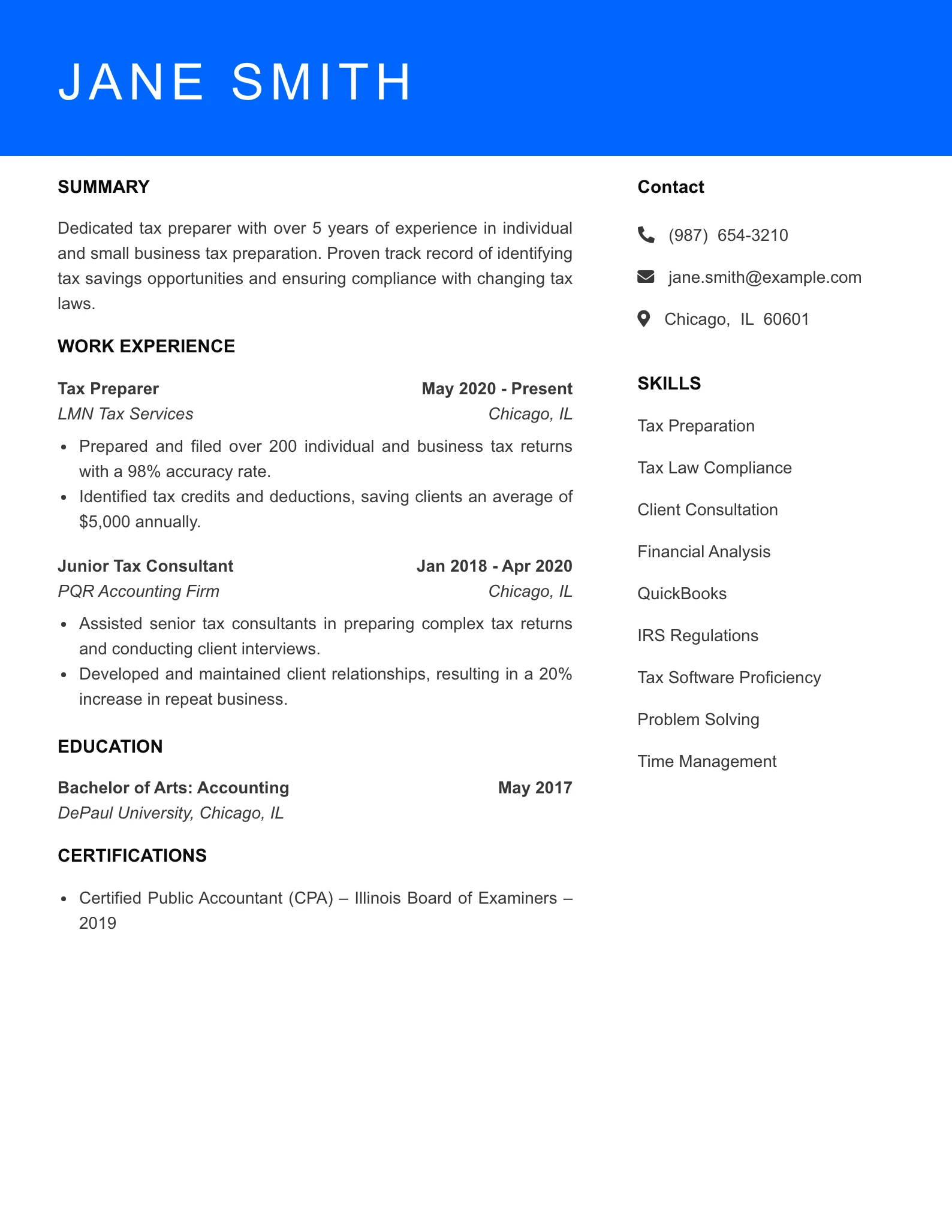 Mid Level Tax Preparer Resume Sample
