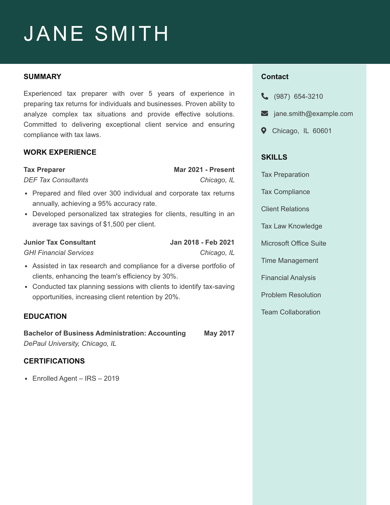 Mid Level Tax Preparer Resume Example
