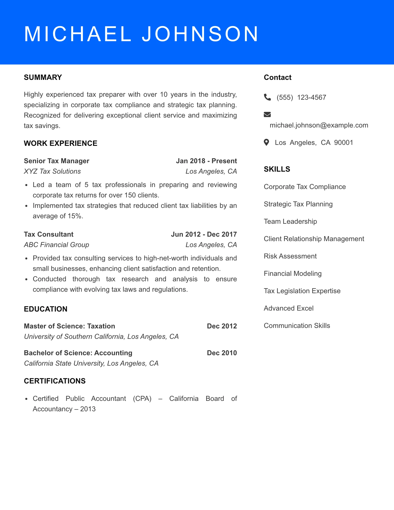 Senior Level Tax Preparer Resume Sample
