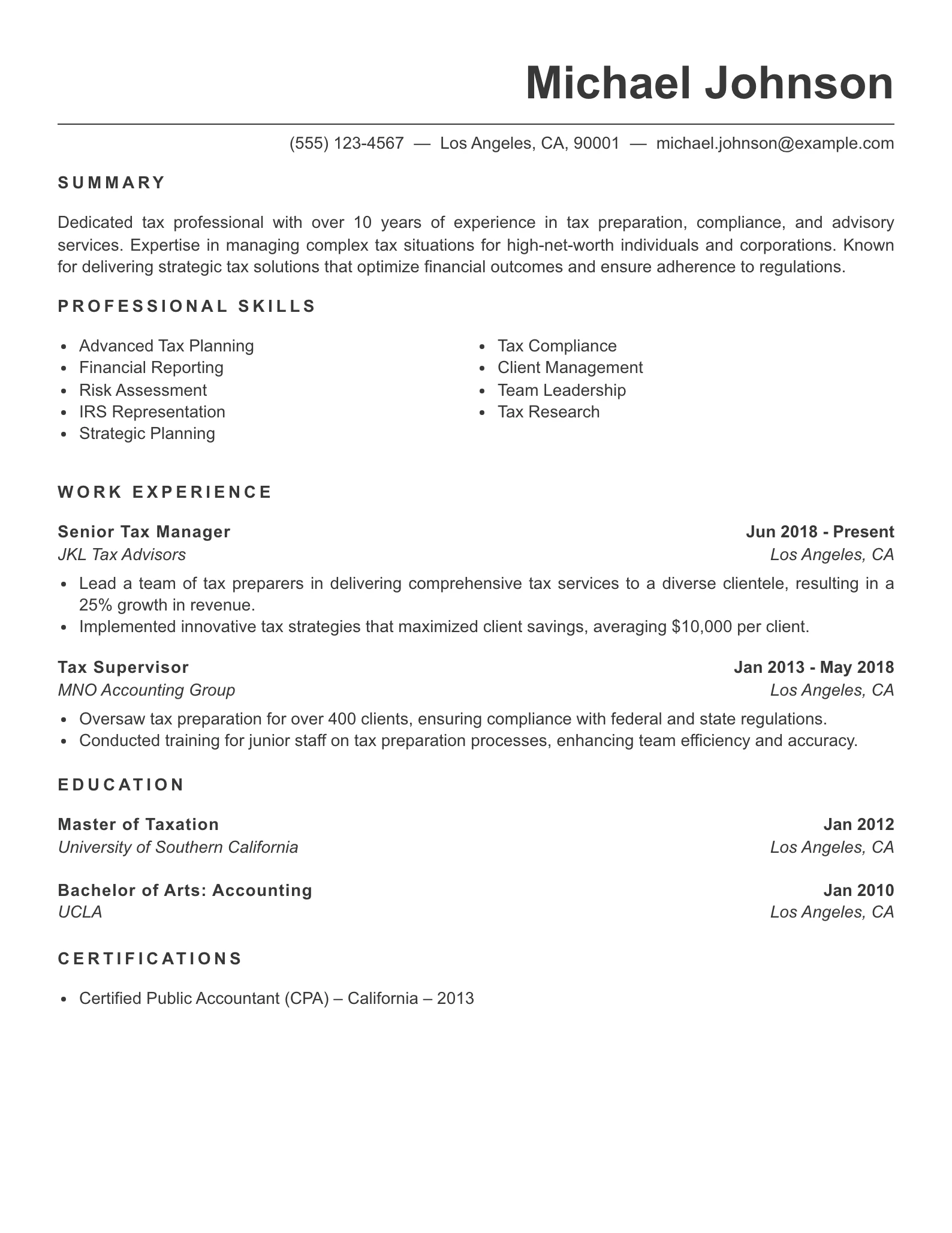 Senior Level Tax Preparer Resume Example