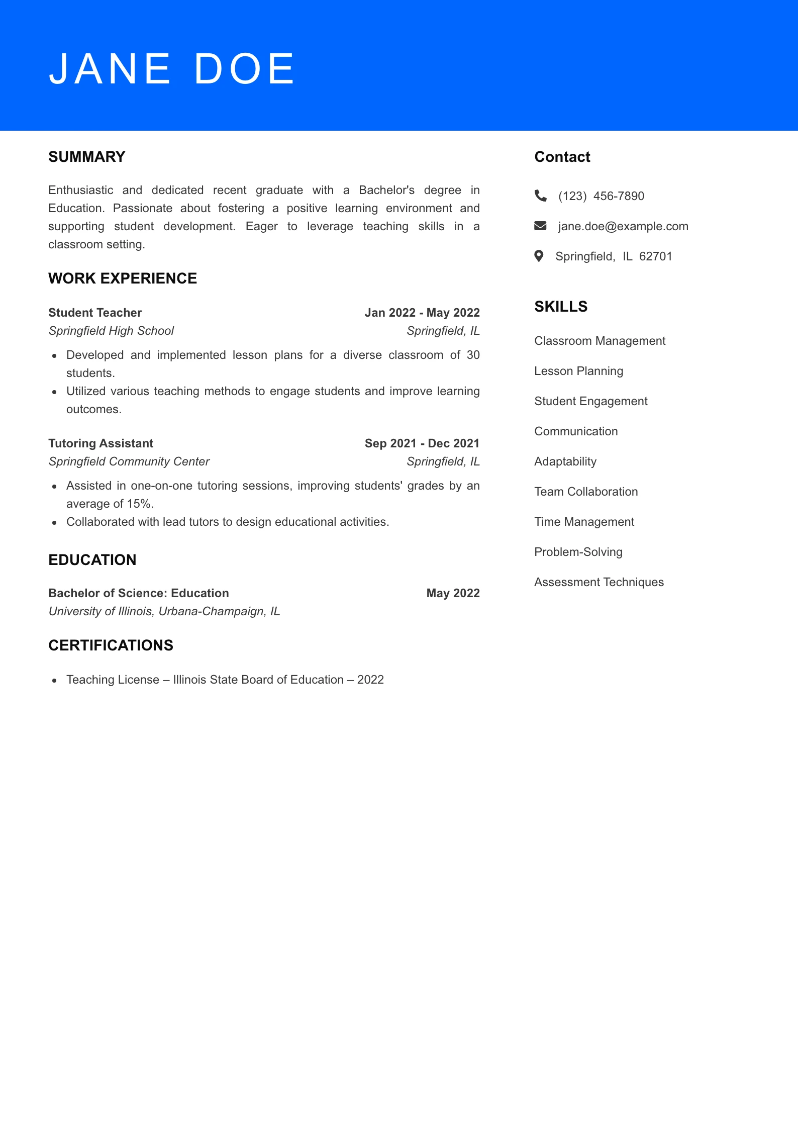 Selected Teacher Resume