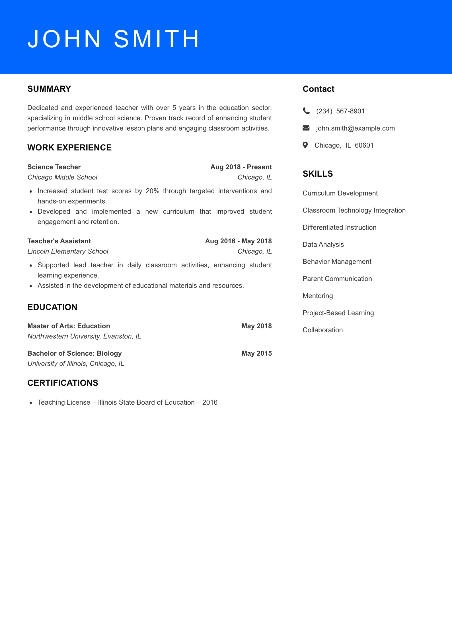 Mid Level Teacher Resume Sample