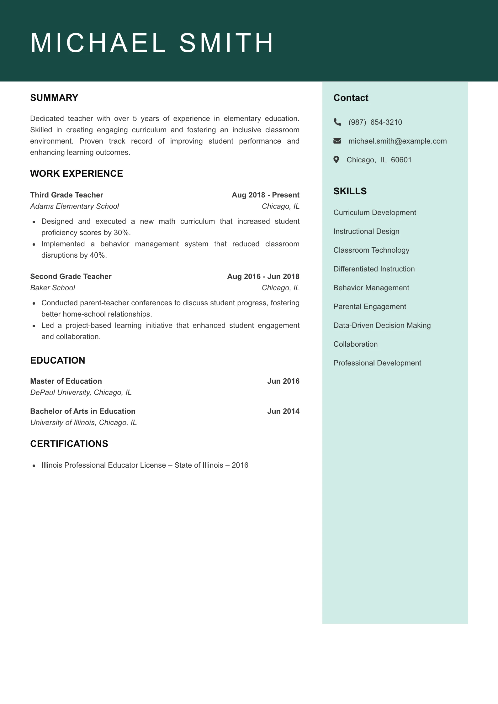 Mid Level Teacher Resume Example