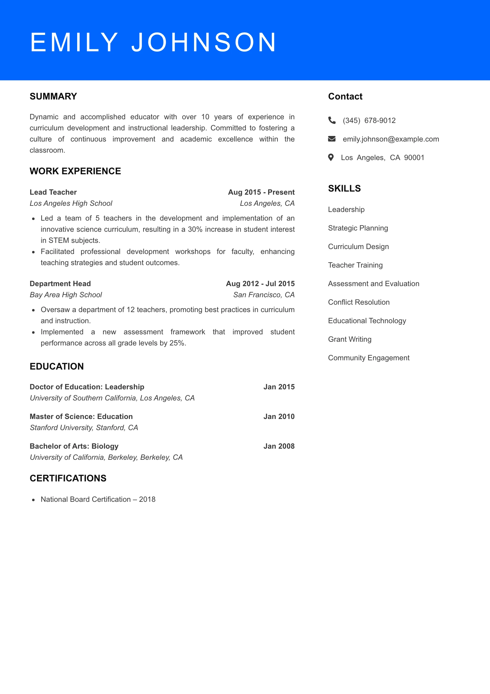 Senior Level Teacher Resume Sample