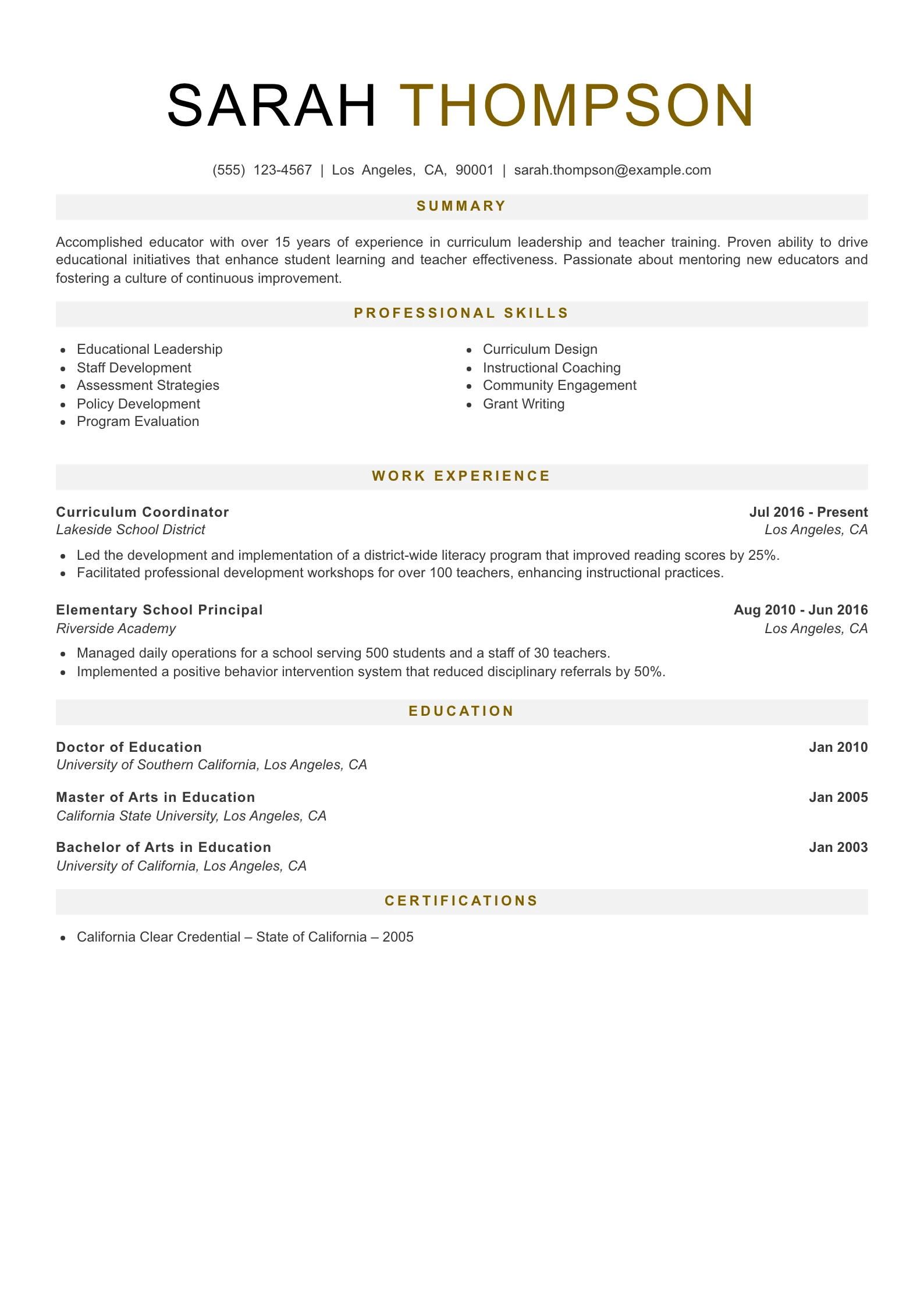 Senior Level Teacher Resume Example