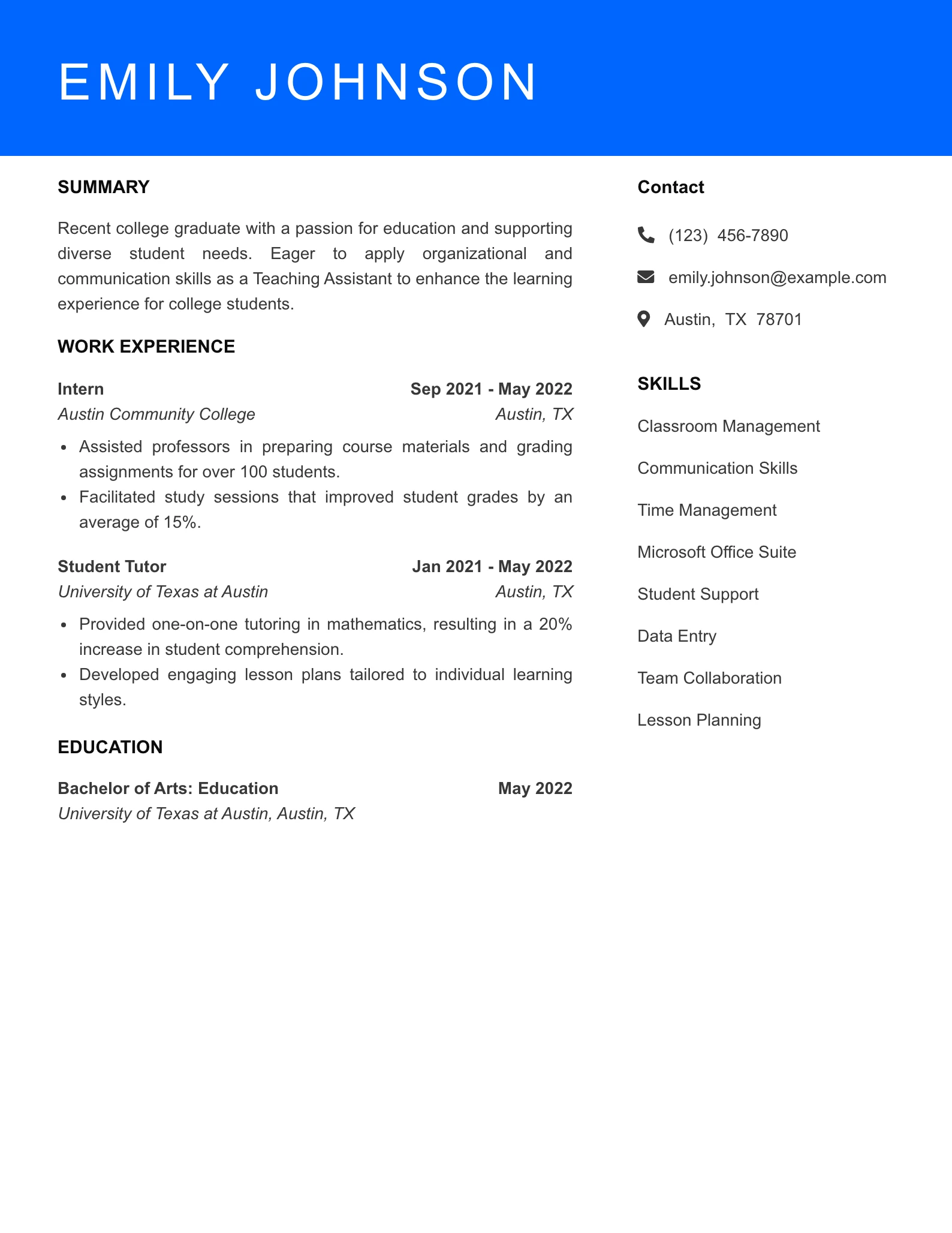 Selected Teaching Assistant (College) Resume