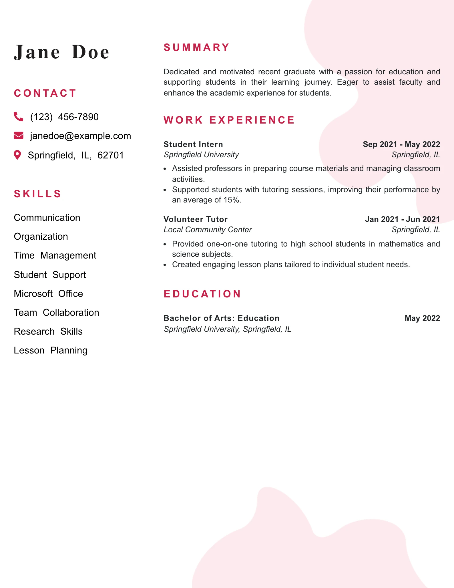 Entry Level Teaching Assistant (College) Resume Example