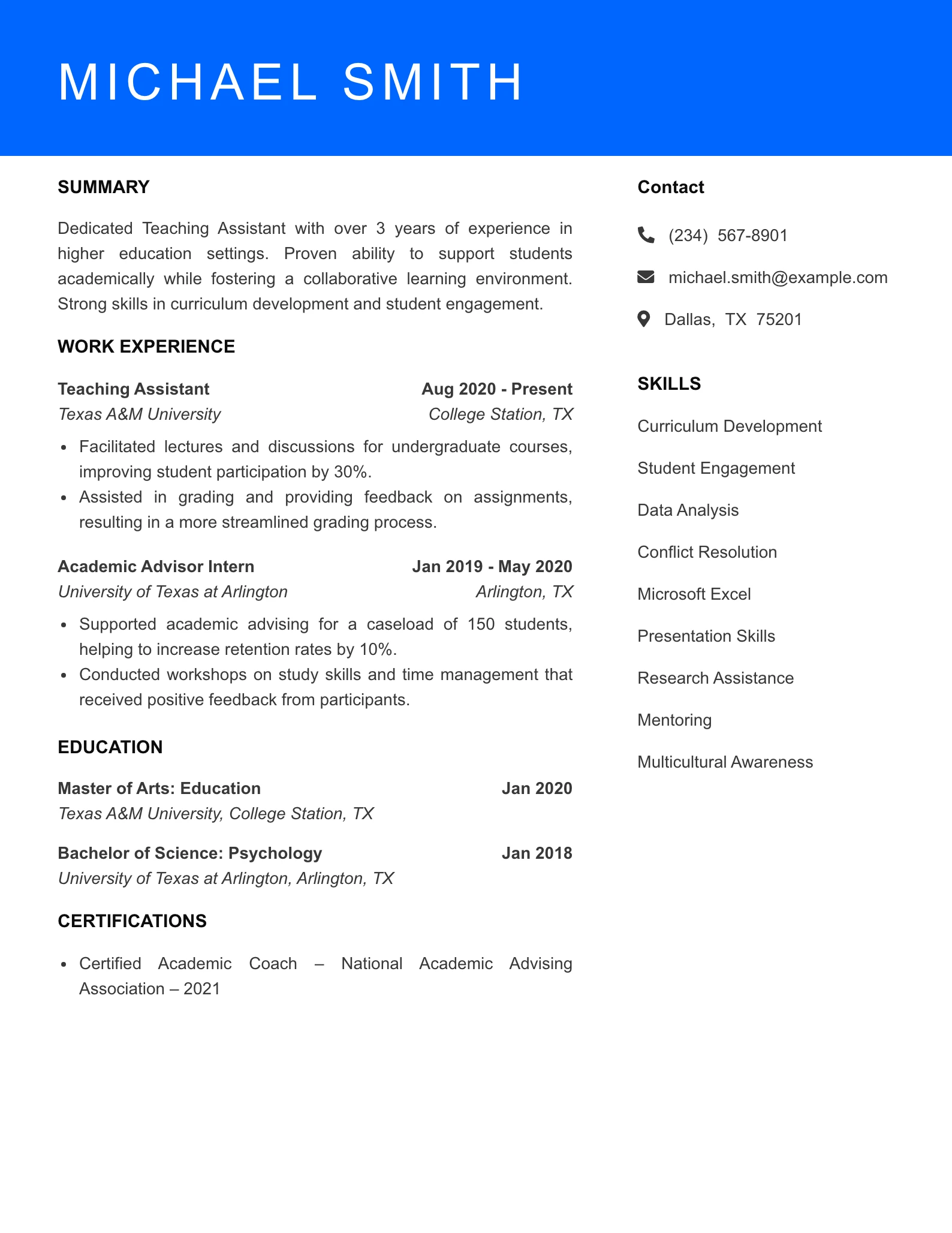 Mid Level Teaching Assistant (College) Resume Sample
