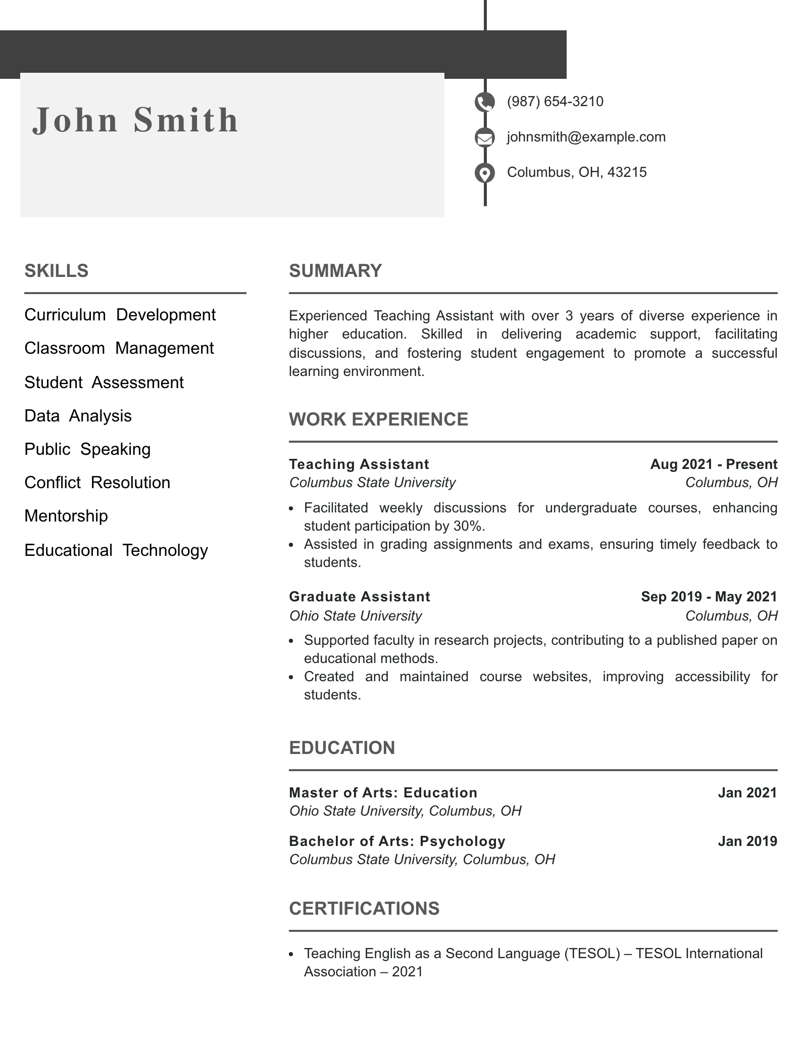 Mid Level Teaching Assistant (College) Resume Example