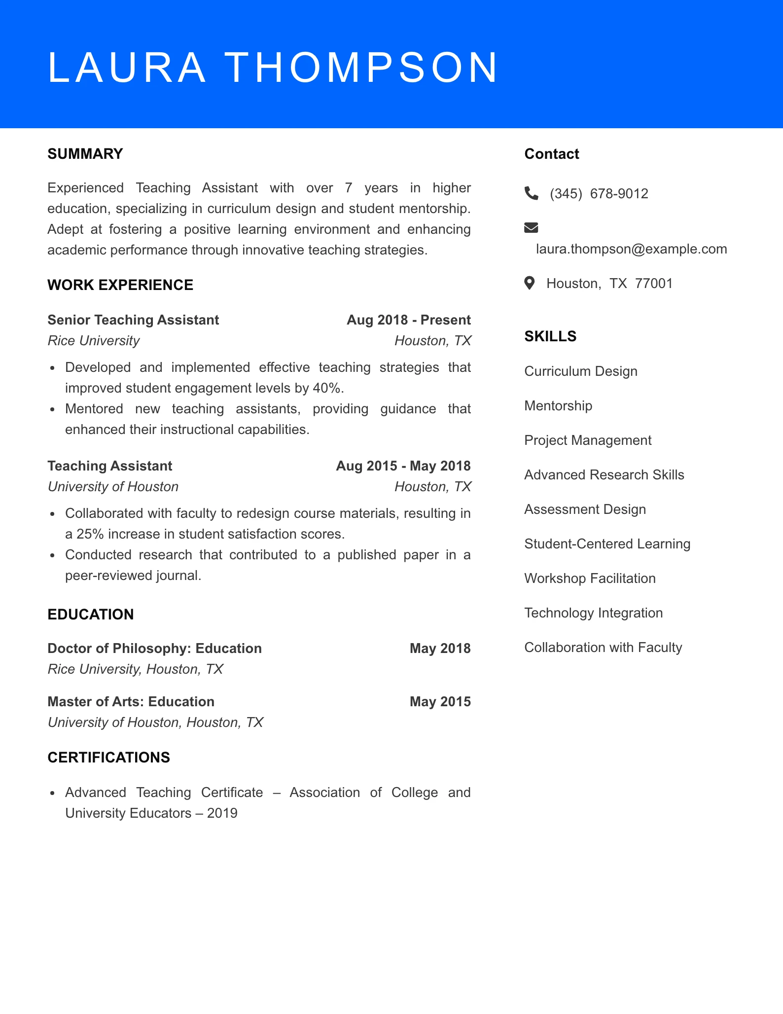 Senior Level Teaching Assistant (College) Resume Sample