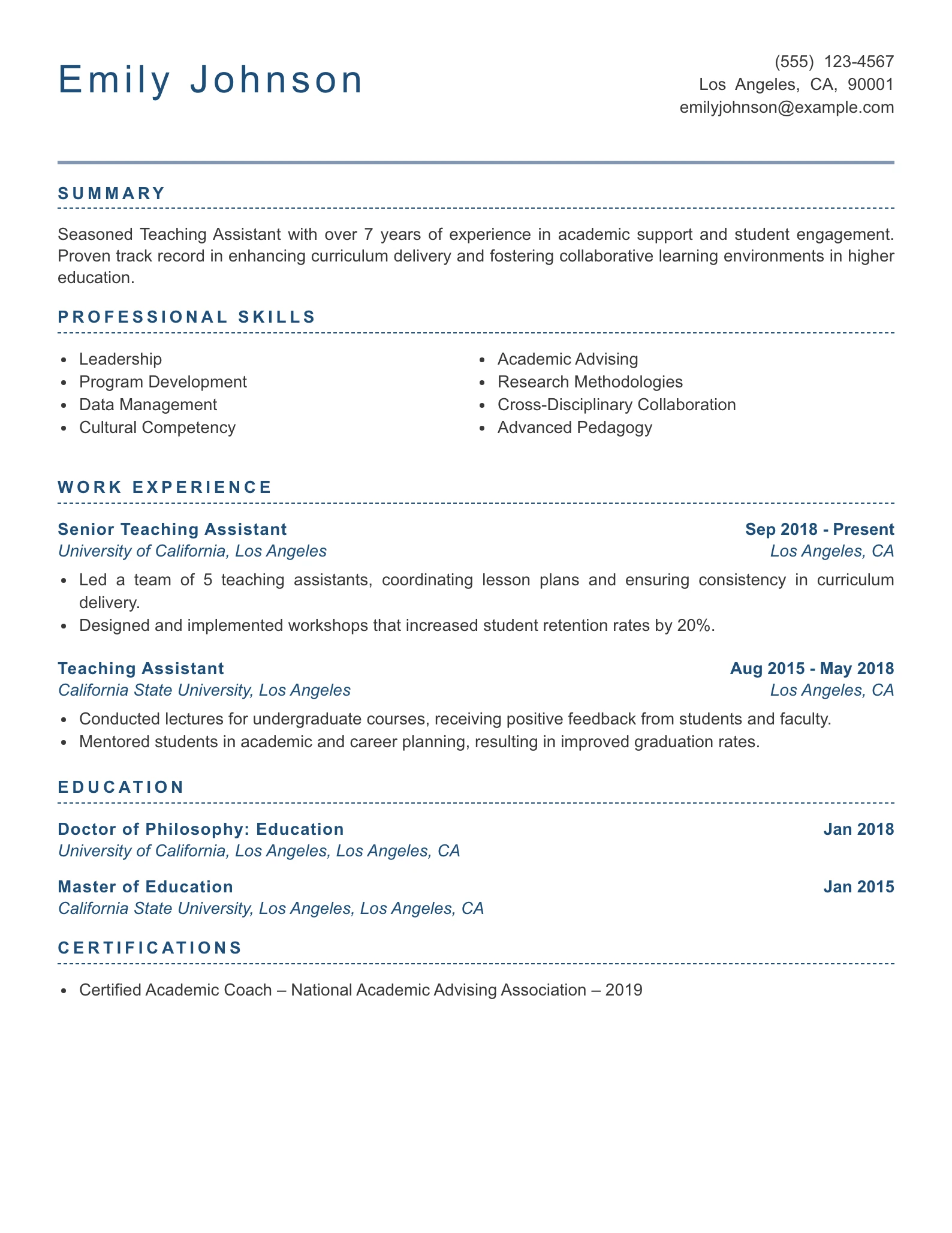 Senior Level Teaching Assistant (College) Resume Example